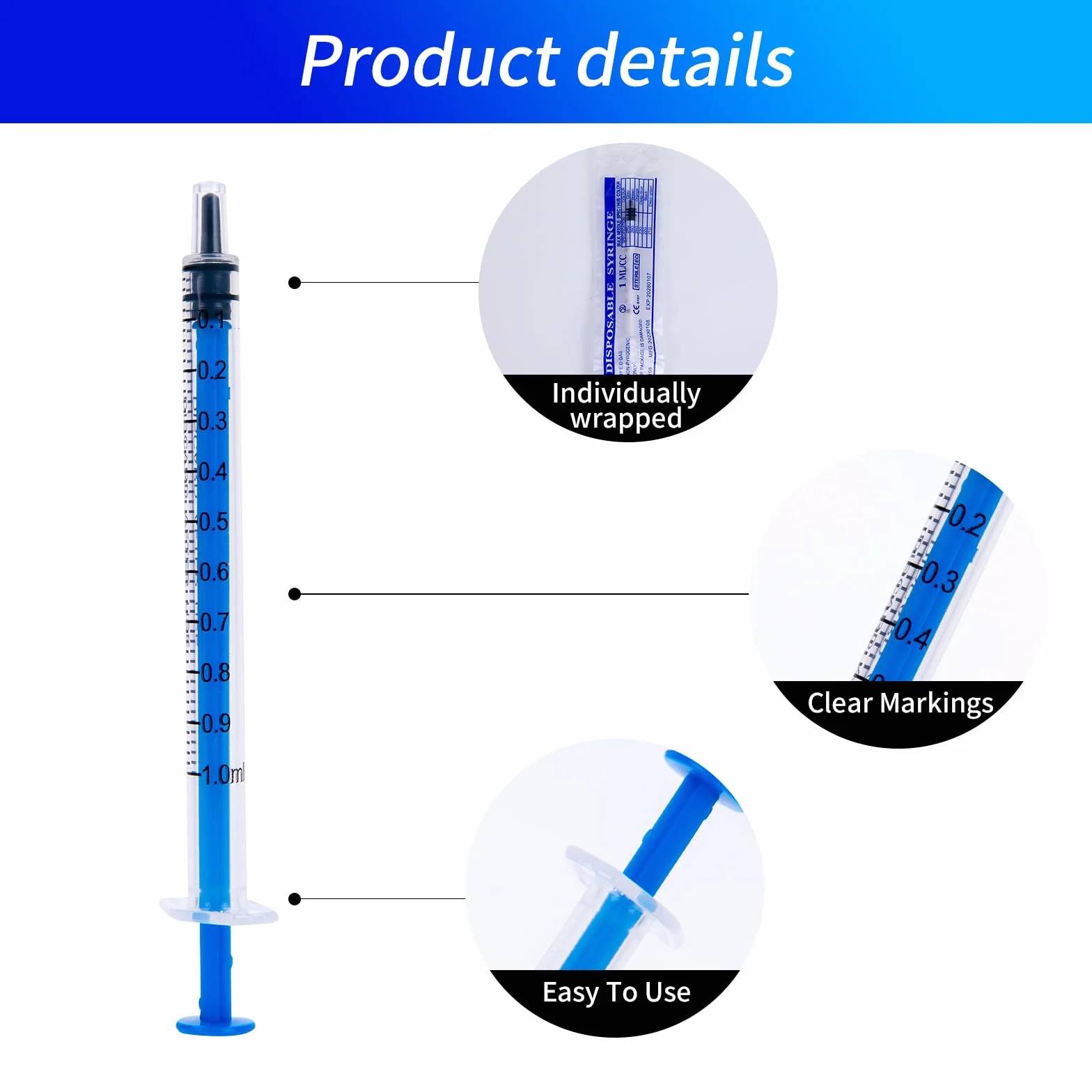 50 szt. 1 ml strzykawek bez igły, mililitr laboratoryjne, plastikowe (bez igieł)