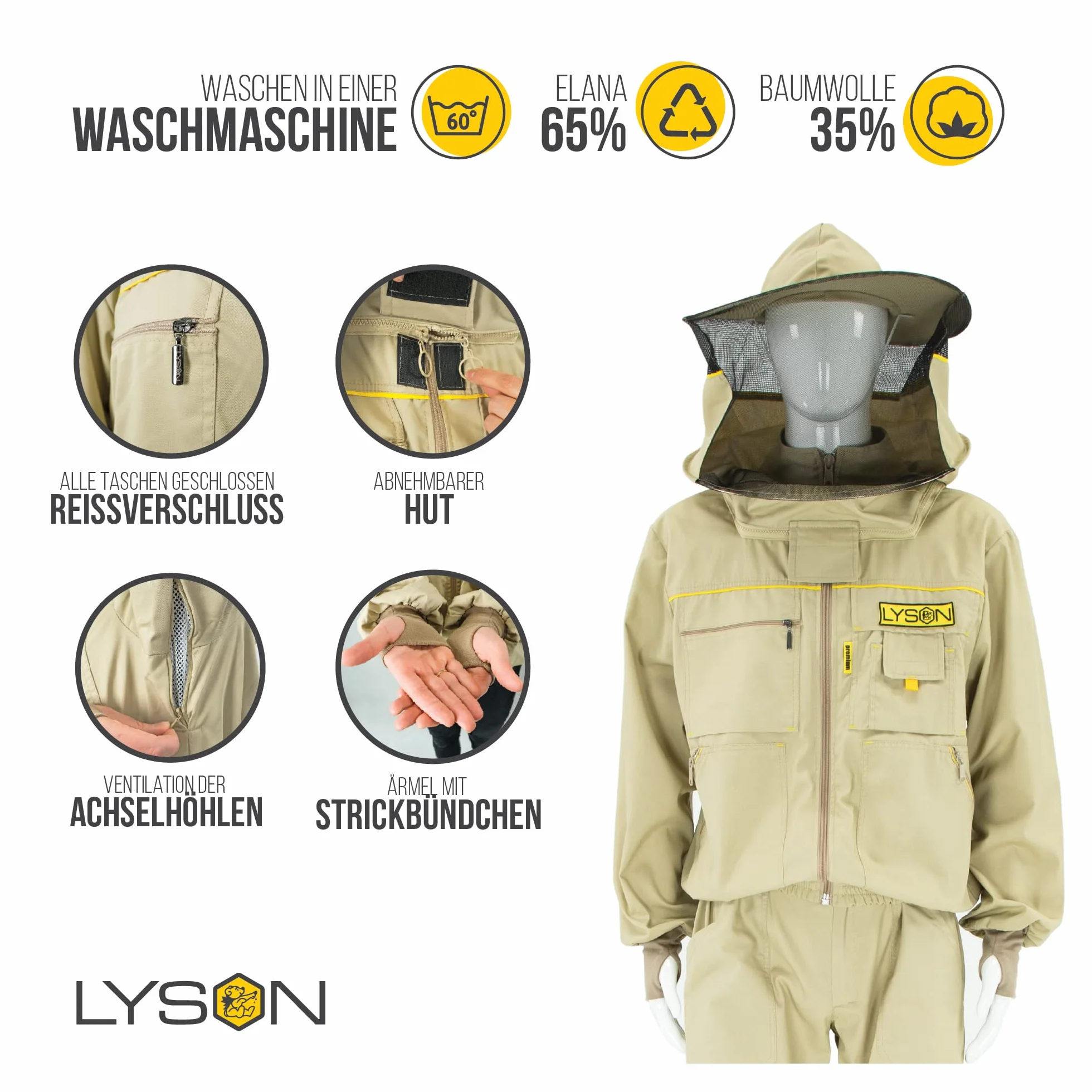 LYSON Bluza rozpinana z kapeluszem Kurtka pszczelarska PREMIUM LINE Rękawy ze ściągaczem Otwór na kciuk Wentylacja Kieszenie na zamek Wysoka jakość do pasieki Beżowa Rozmiar XL