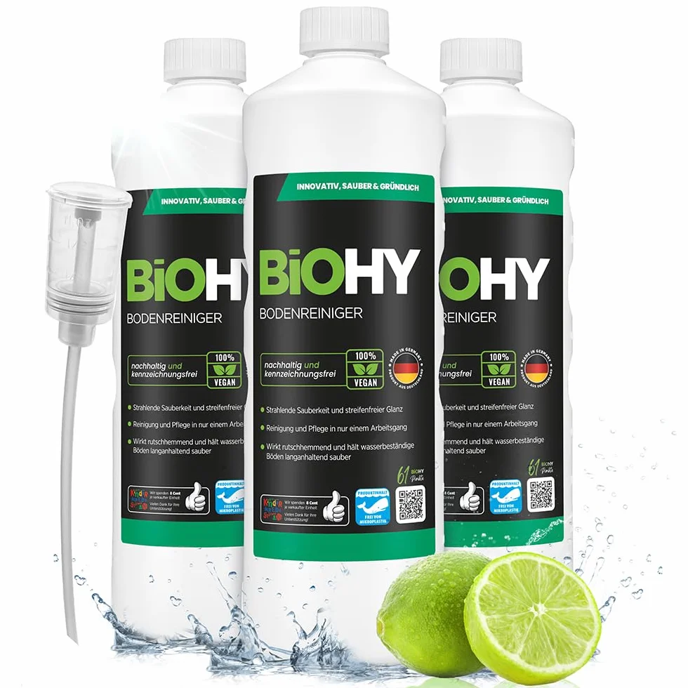 BiOHY Środek do czyszczenia podłóg (3 x butelka 1l) + dozownik | Koncentrat do podłóg twardych i wszystkich urządzeń czyszczących| Przyjemny zapach i czyszczenie bez smug (Bodenreiniger)