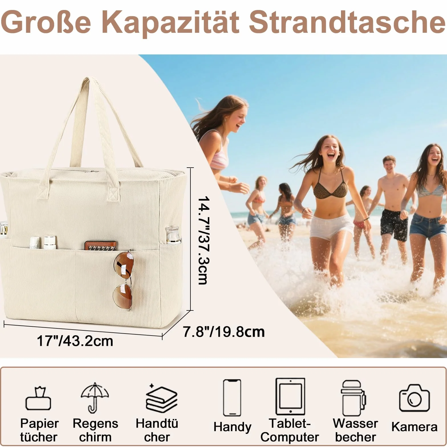 LEDAOU Duża torba plażowa z zamkiem błyskawicznym, wodoodporna torba na ramię damska, torba Shopper, piaskoochronna z zamkiem błyskawicznym, torba na basen, fitness, podróż, rodzinna, Large