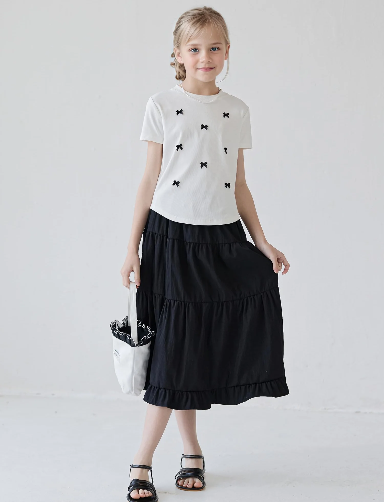 SEAUR Spódnica maxi dla dziewczynek, na lato, długa spódnica, elegancka letnia spódnica, z falbankami, spódnica maxi, elastyczna talia, dla dzieci 130-165 = (EU 122-164)