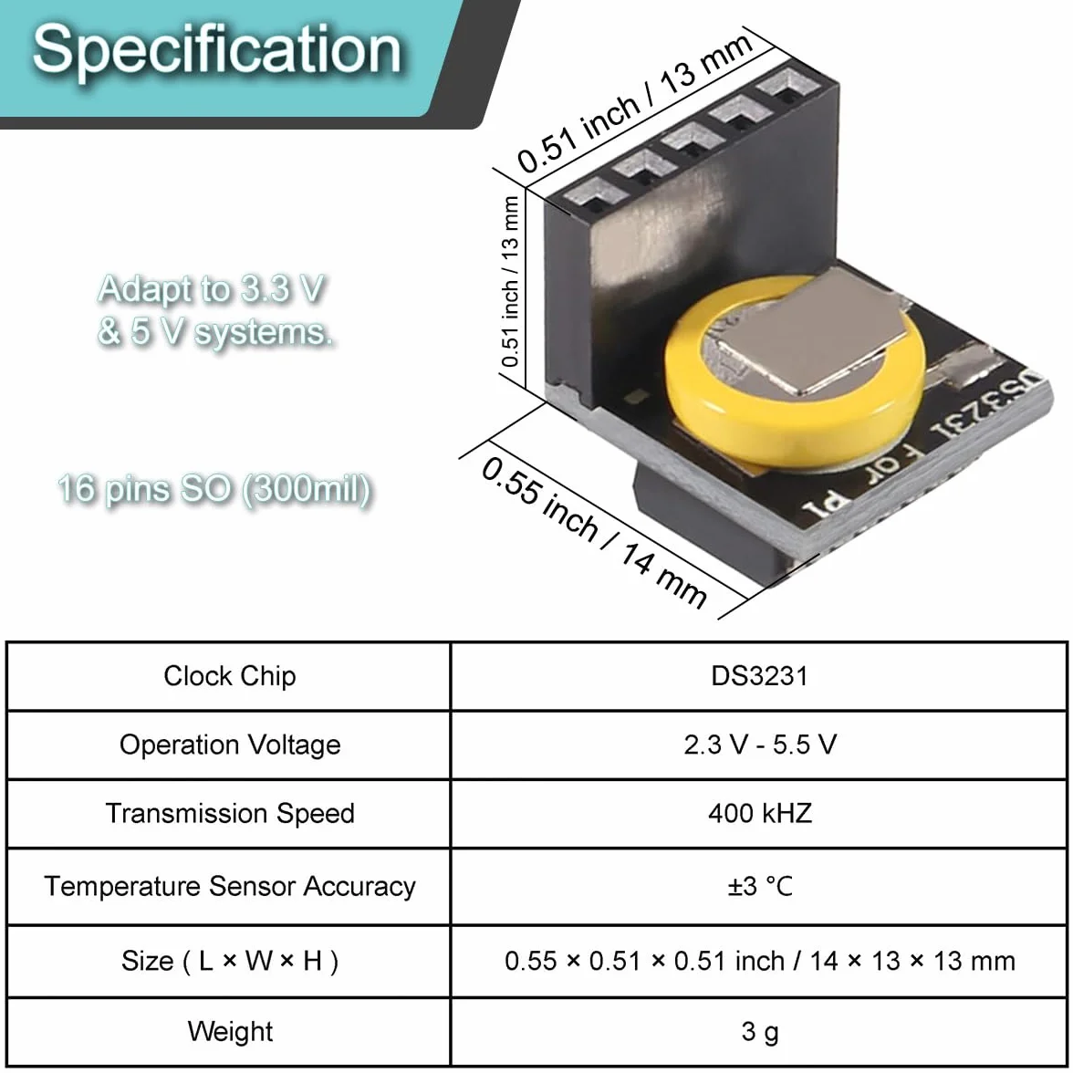4 sztuki DS3231 zegar czasu rzeczywistego, moduł RTC, zegar z modułem pamięci baterii 3,3 V/5 V, dział do Raspberry Pi do tablicy Arduino, do majsterkowania, testów, z 20-biegunowym kablem