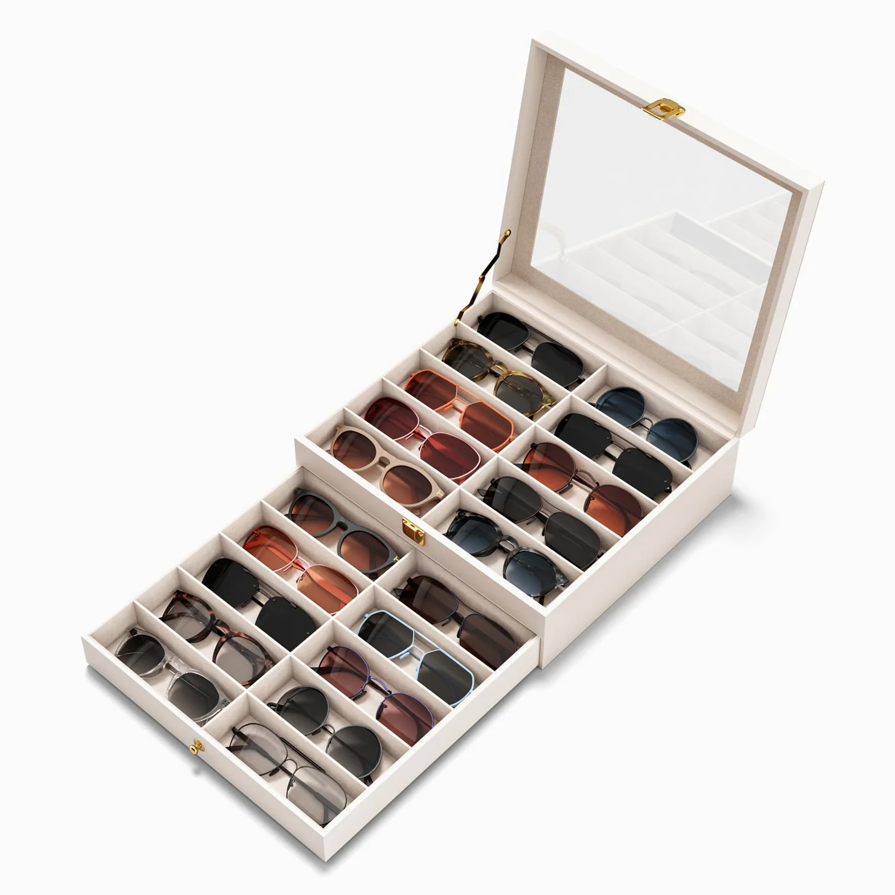 NEWLOOP Organizer do przechowywania etui na okulary przeciwsłoneczne, organizer na okulary przeciwsłoneczne, przezroczysta gablota, wiele par, stojak na okulary, 2-warstwowy, biżuteria, zegarek