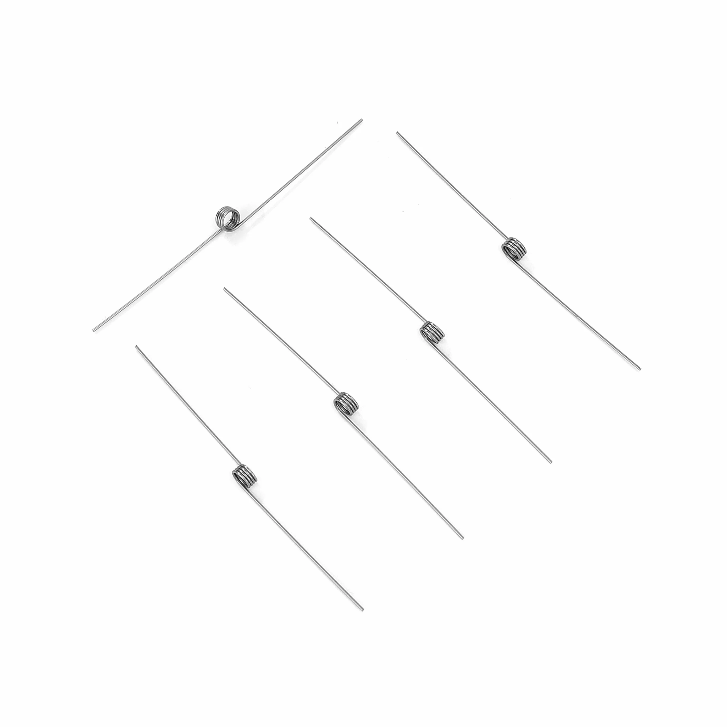 10 sztuk sprężyn skrętnych ze stali nierdzewnej, średnica drutu 0,5 mm, średnica wewnętrzna 3 mm, długość ramienia 30 mm, kąt 180°, 4 obroty proste 0,5x3x30 mm