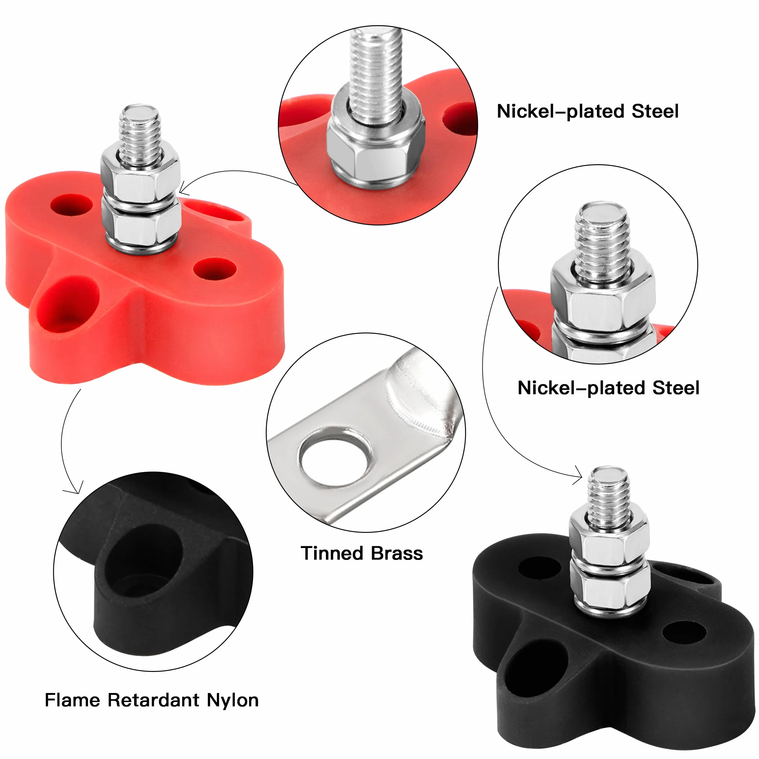 QIMEI-SHOP Bolce przyłączeniowe M6, bloki zacisków akumulatora 12 V-48 V, blok zaciskowy, szyna zbiorcza, do samochodu, kampera, łodzi, czarny i czerwony, 2 sztuki