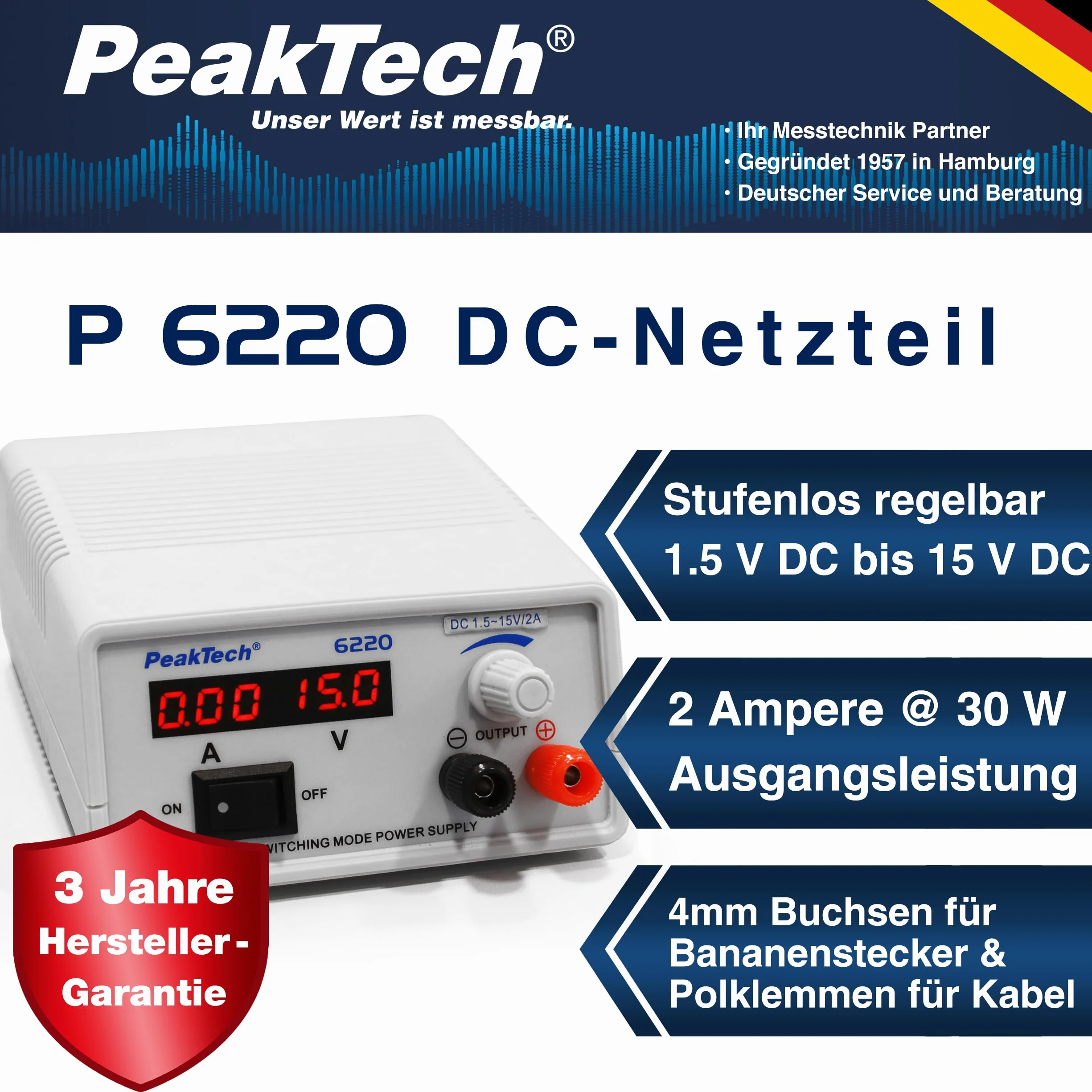 PeakTech 6220 Mini DC zasilacz impulsowy regulowany 1,5 V - 15 V / 2 A, zasilacz laboratoryjny z wyświetlaczem LED, P 6220, jasnoszary