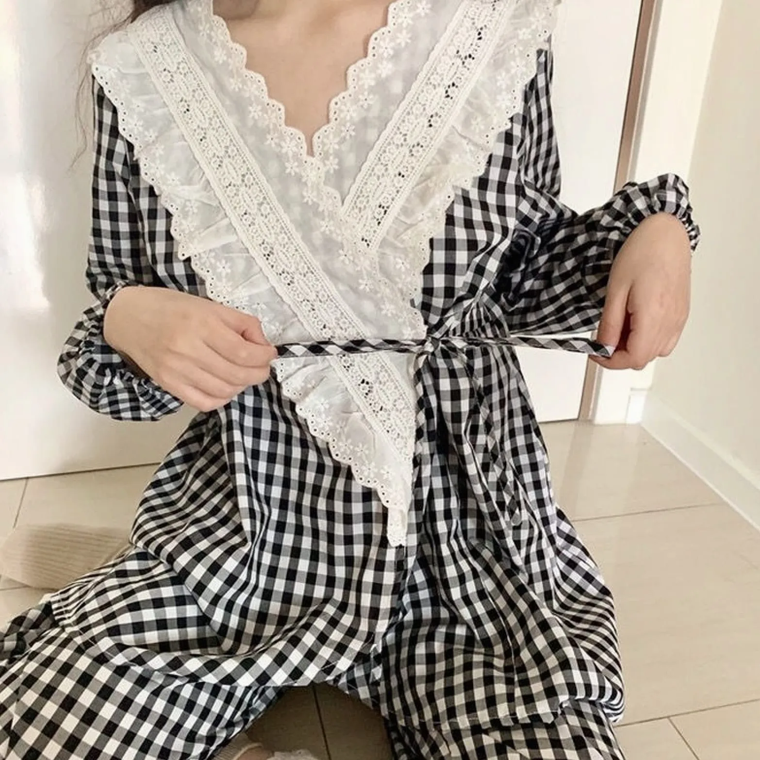 Kobiety słodkie zestawy piżam - dziewczęcy dekolt w serek stylowa krata cały mecz bielizna nocna minimalistyczny studenci Harajuku elegancki miękki Jogging Homewear dla dorosłych stroje garnitur (Col