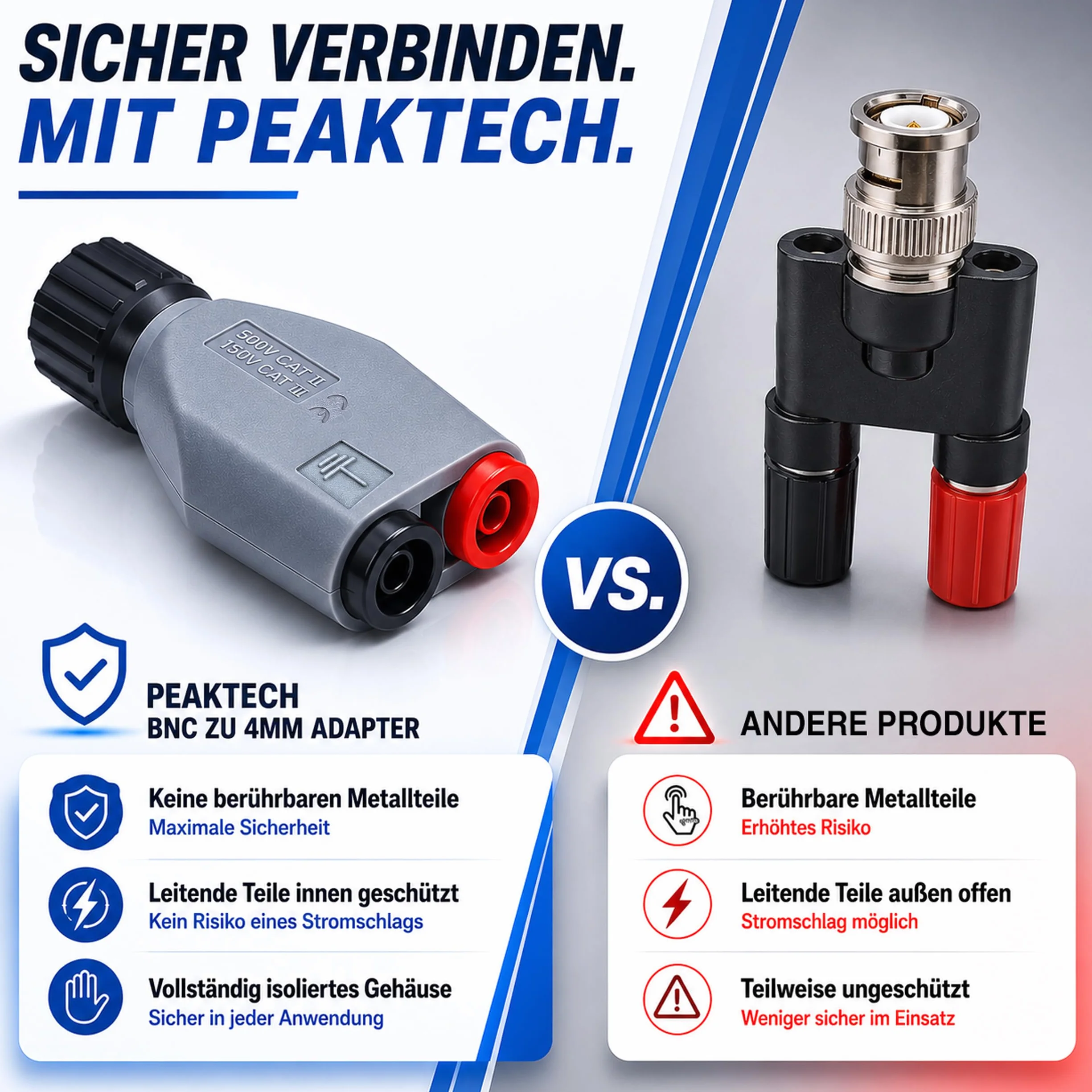 PeakTech P 7055 BNC adapter wtyczka bananowa gniazda, akcesoria do oscyloskopu, generatora sygnału, licznika częstotliwości i szczypiec prądowych z przewodem pomiarowym 4 mm, w pełni izolowany