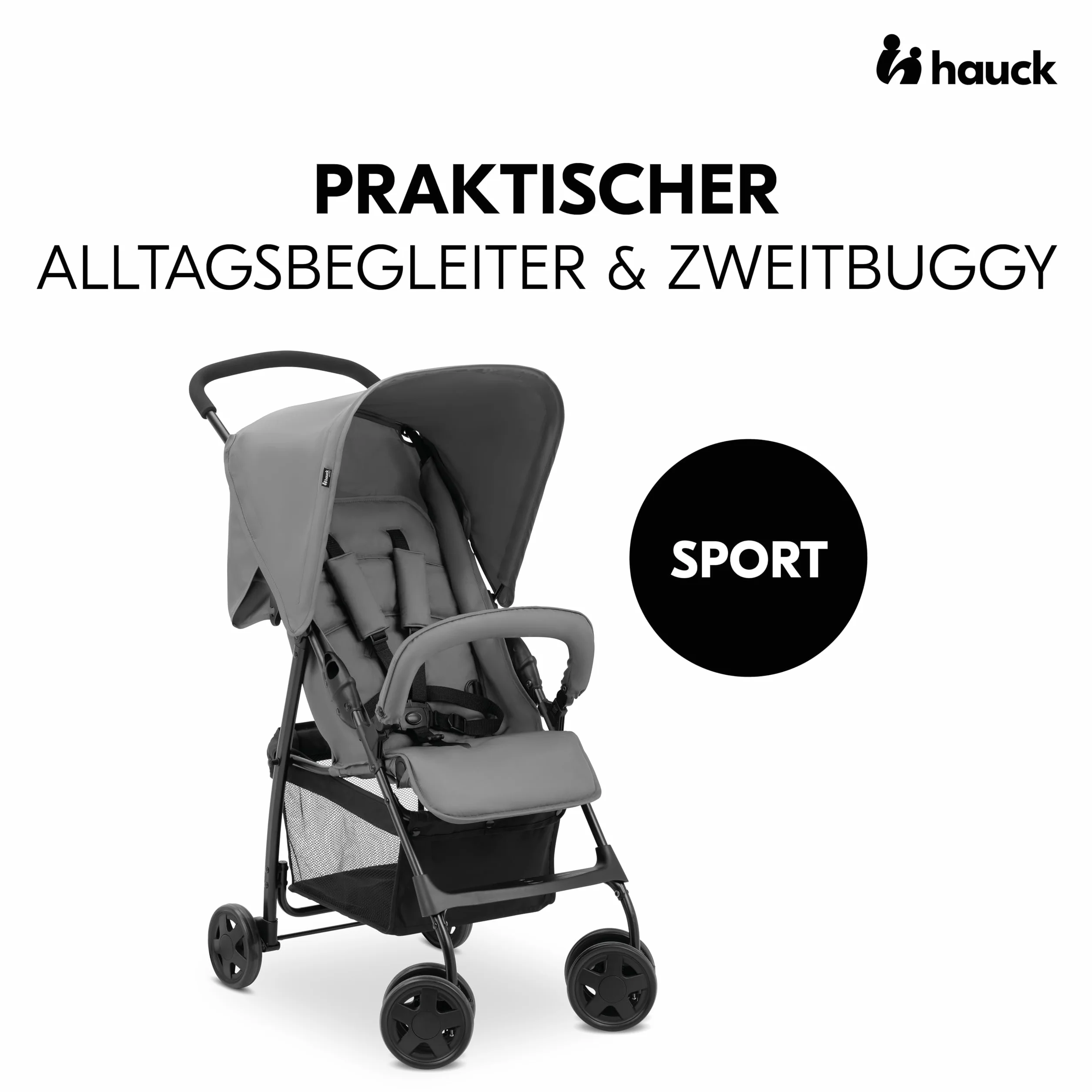 hauck Buggy Sport, Grey - lekki jak piórko wózek podróżny, 5,9 kg, z funkcją leżenia dla dzieci od urodzenia do 15 kg, mały, składany, duży kosz na zakupy do 3 kg