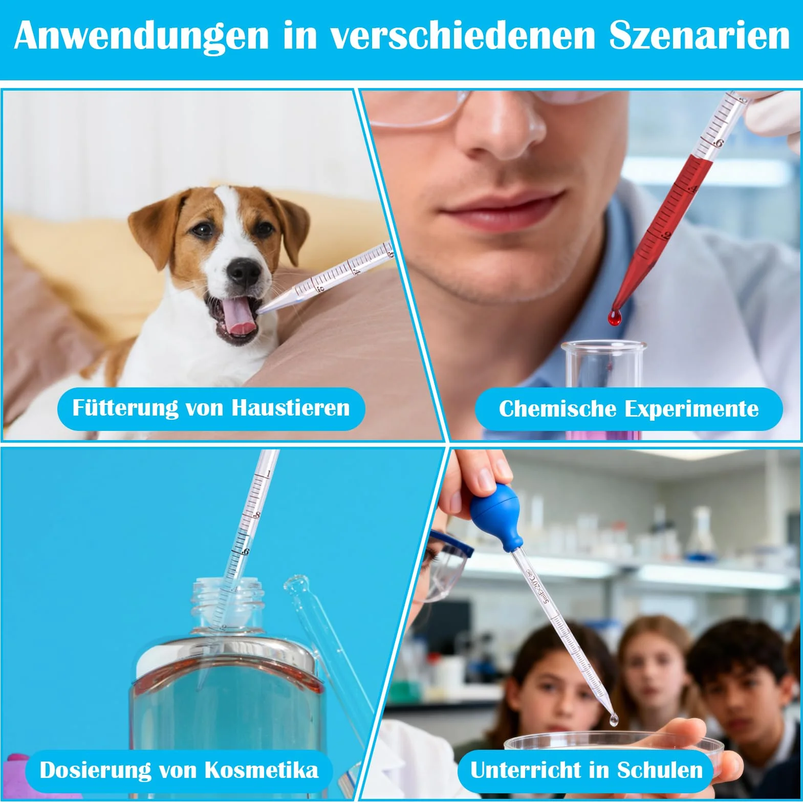 Zestaw pipety szklanych, pipeta szklana ze skalą, pipeta szklana, 10 ml, 5 ml, 2 ml, 1 ml, do laboratorium, żywności, zastosowań badawczych i medycznych, z 2 szczotkami do kropli