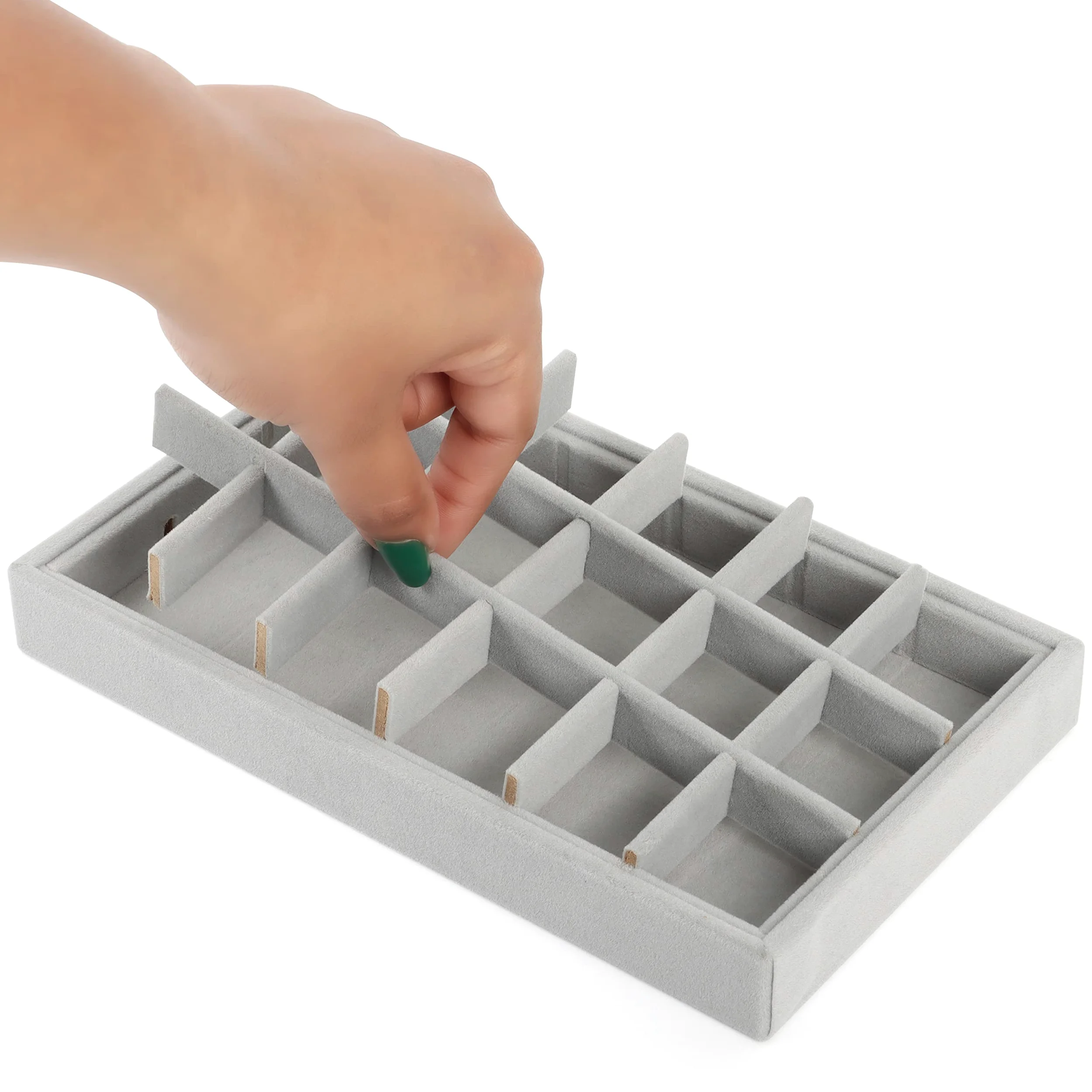 Belle Vous Szary aksamitny skórzany organizer na biżuterię, tacki do przechowywania (9 sztuk) - 12,3 x 21 cm - pudełka ekspozycyjne do szuflad komody na naszyjniki, pierścionki, bransoletki i kolczyki