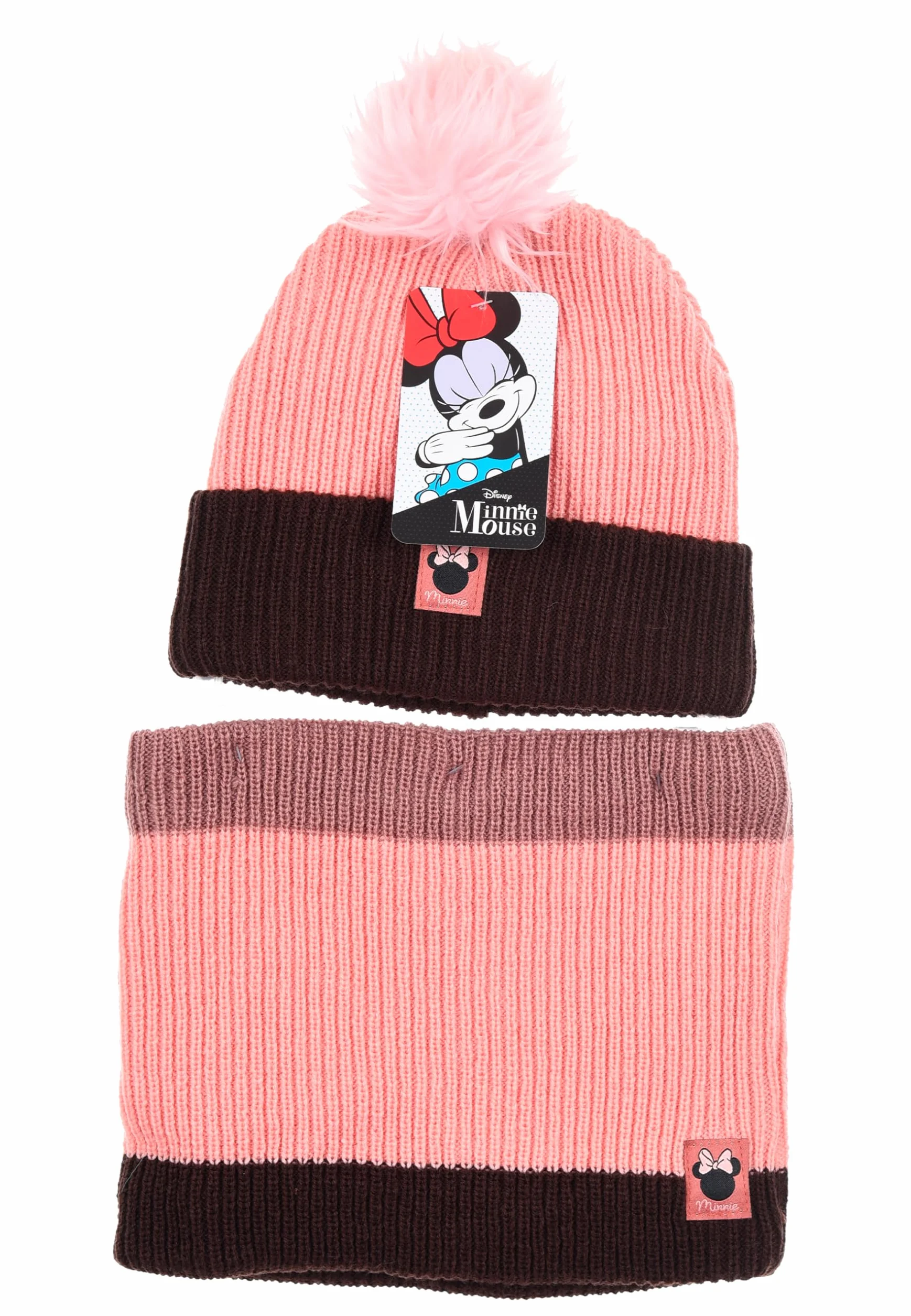 Disney Minnie Mouse Dziecięcy zestaw zimowy, 2-częściowy, oficjalnie licencjonowana czapka z pomponem i szalem typu komin dla dziewczynek, ciepła miękka, szara, różowa, poliester, poliakryl, akcesoria