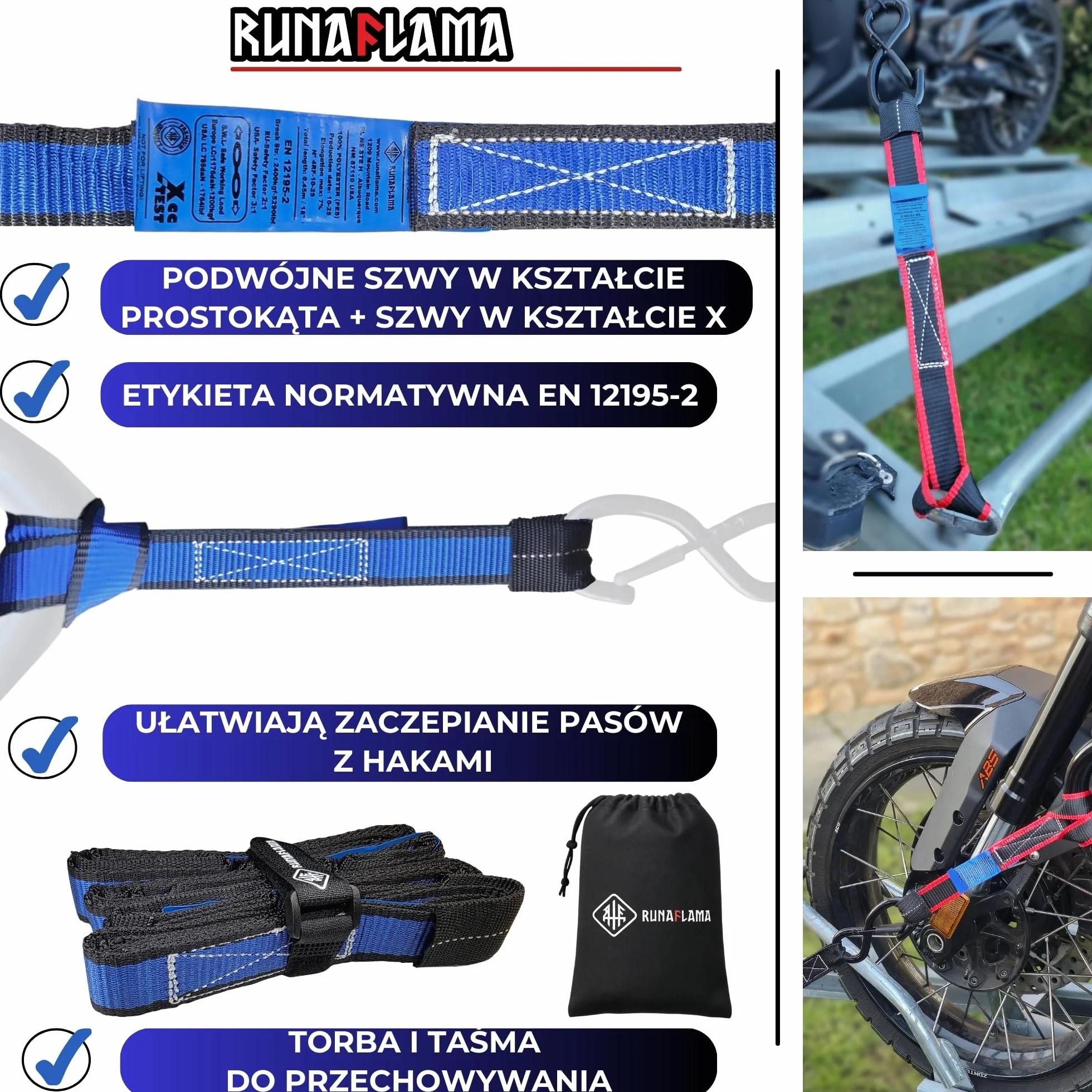 Pasy Mocujące do Motocykla 30 i 45 cm 2400 kg, Pasy Transportowe do Mocowania Motocykla na Przyczepie, Kierownicy i Ramie, Zabezpieczenie Ładunku w Transporcie, 4 Sztuki Niebieski