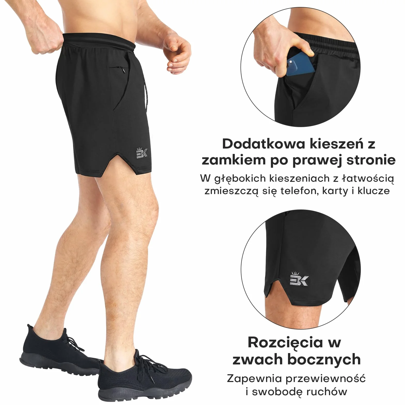 ZENWILL Męskie spodenki do biegania, szybkoschnące szorty treningowe na siłownię sportowe fitness krótkie z kieszeniami na zamek błyskawiczny
