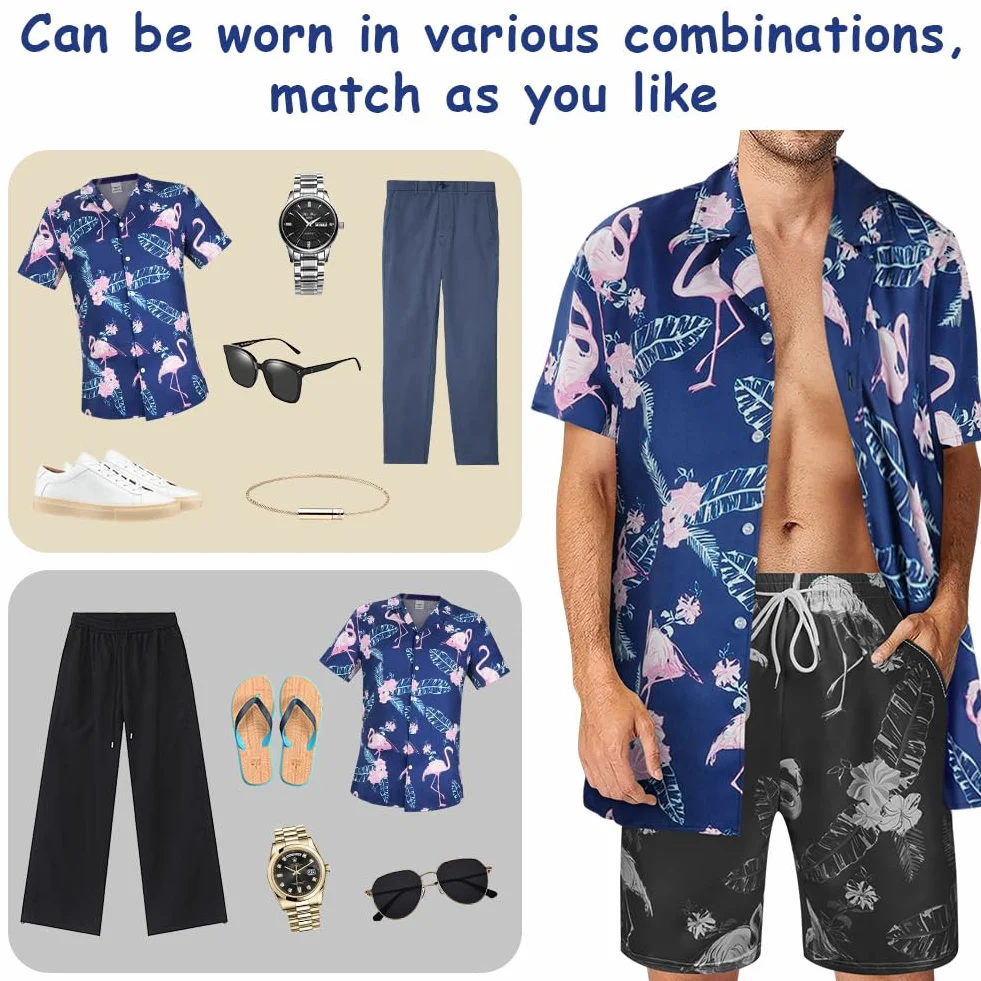 Aomig Funky męska koszula hawajska, 2 szt. zestaw hawajski męski z krótkim rękawem i szortami, casualowa koszulka Aloha z nadrukiem flamingów, hawajskie tropikalne letnie wakacje na plaży koszulki
