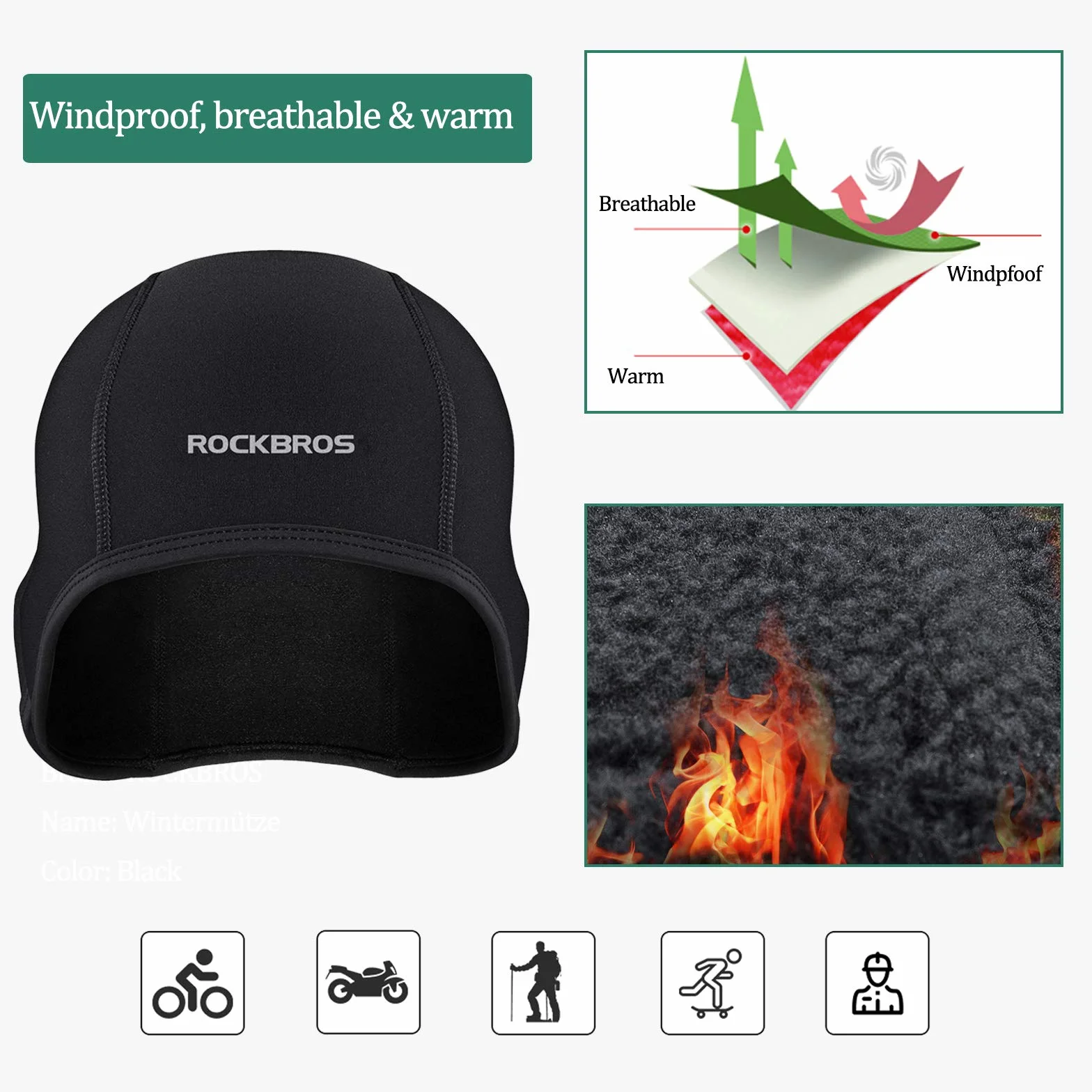 ROCKBROS Czapka Rowerowa, Zimowa, Wiatroodporna,Ciepła, dla Mężczyzn i Kobiet, Wielofunkcjonalna, Czarna, do Wszystkich Aktywności na Świeżym Powietrzu
