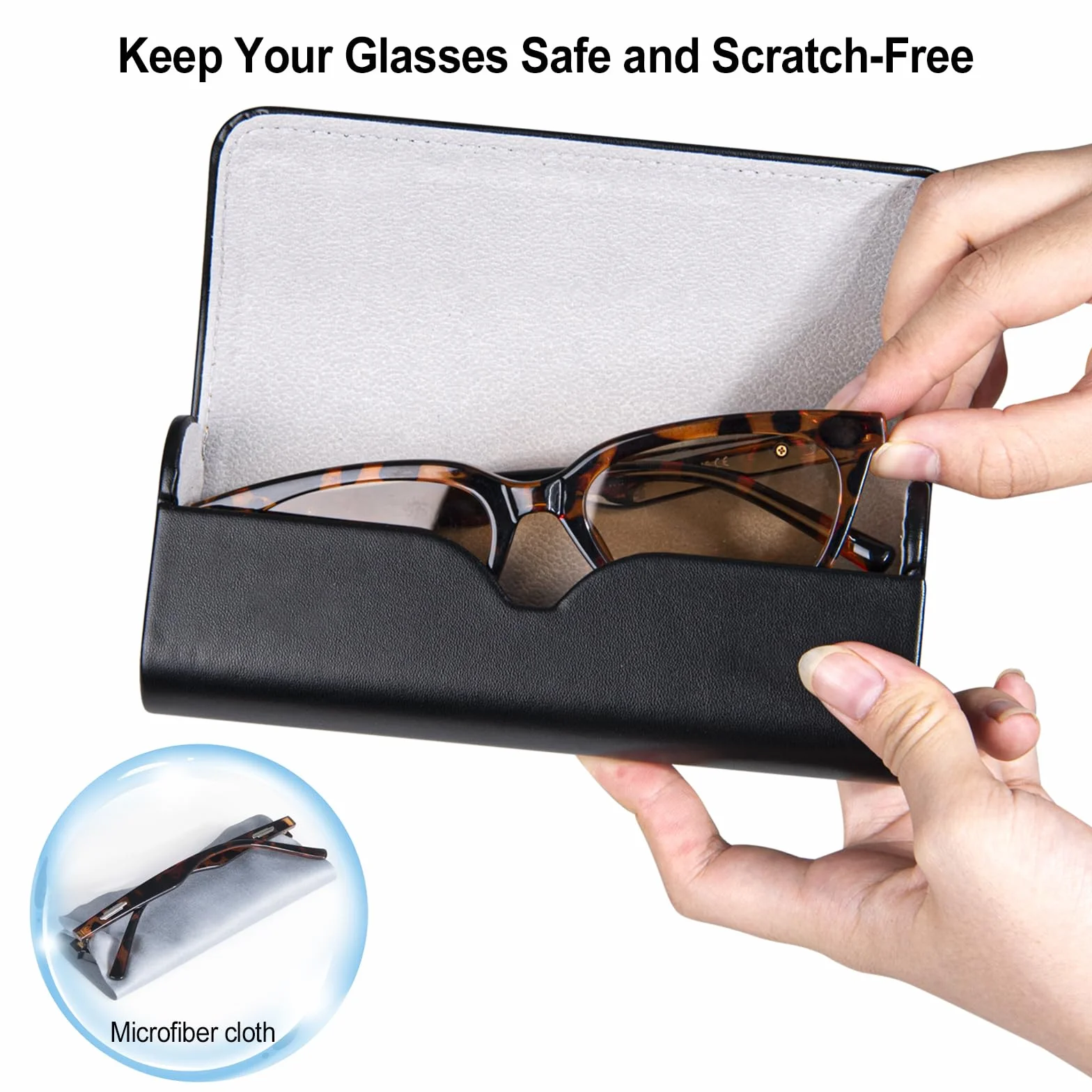 AkoaDa Etui na okulary Hardcase, wysokiej jakości skórzane pudełko na okulary w eleganckiej czerni, twarda obudowa ze ściereczką z mikrofibry, dla kobiet i mężczyzn, idealne do podróży i codziennego