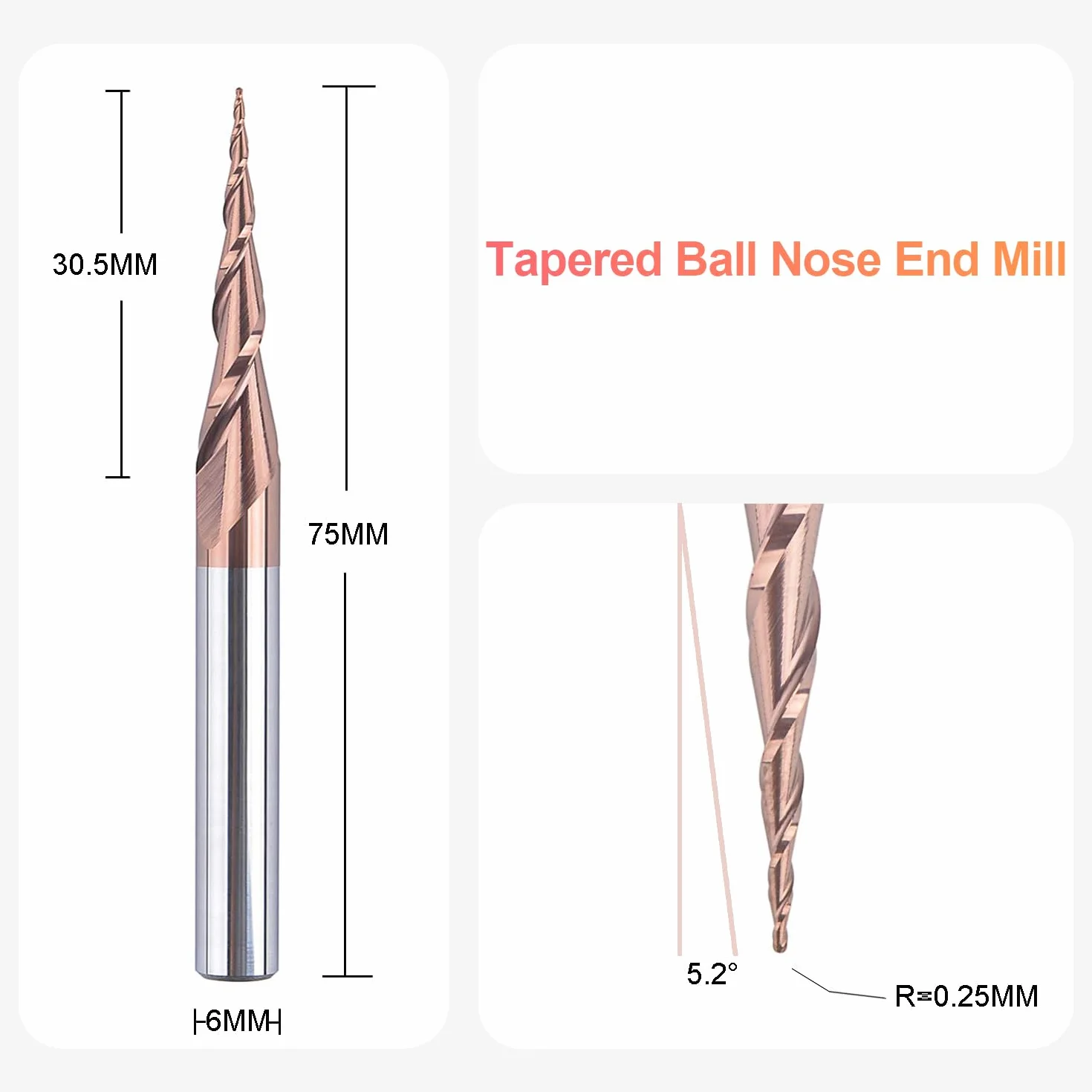 SpeTool Frez stożkowy 6 mm, 0,25 mm, frezy CNC z węglika wolframu 5,2 stopnia, z powłoką HSi do rzeźbienia w drewnie i 3D