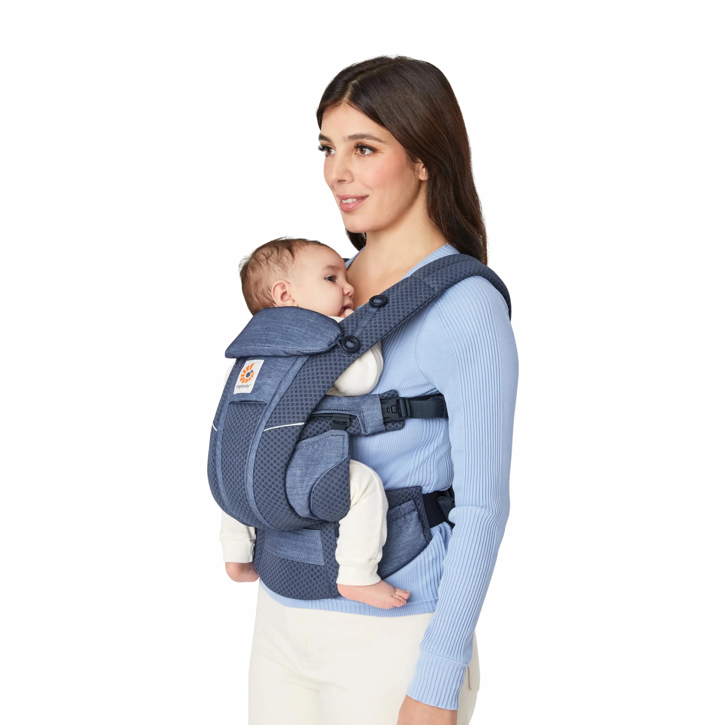 Ergobaby Omni Breeze Nosidełko dla noworodków od urodzenia do 20 kg, 4 pozycje SoftFlex Mesh Ergonomiczne nosidełko dla niemowląt Nosidełko do noszenia na plecach, Heathered Denim Blue