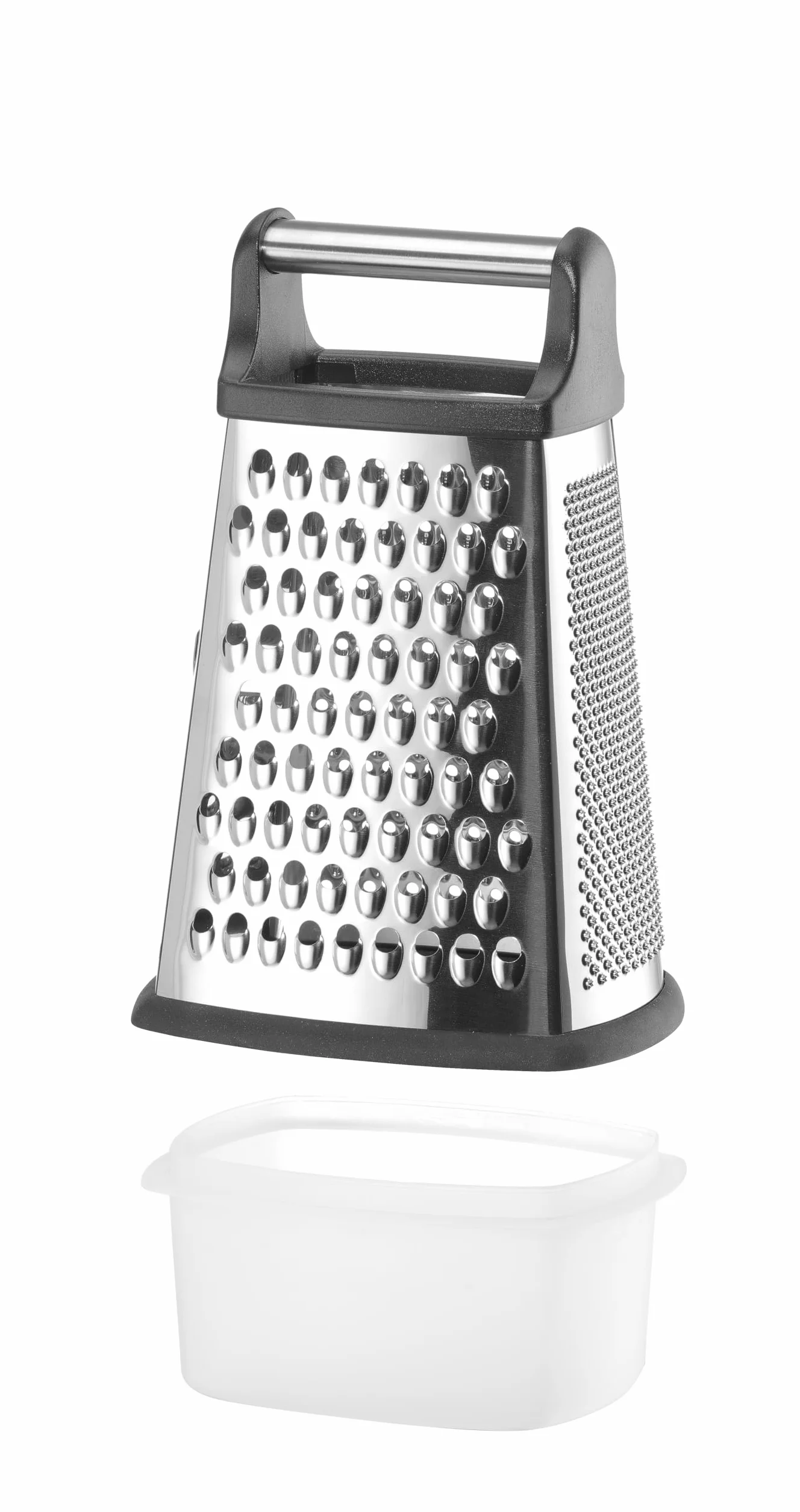 HENDI Tarka, 4-stronna, z pojemnikiem, antypoślizgowa podstawa, drobne, średnie, grube i plastry, ergonomiczny uchwyt, tarka do warzyw, krajalnica do warzyw, 158x130x(H)310mm, stal nierdzewna, ABS, PP