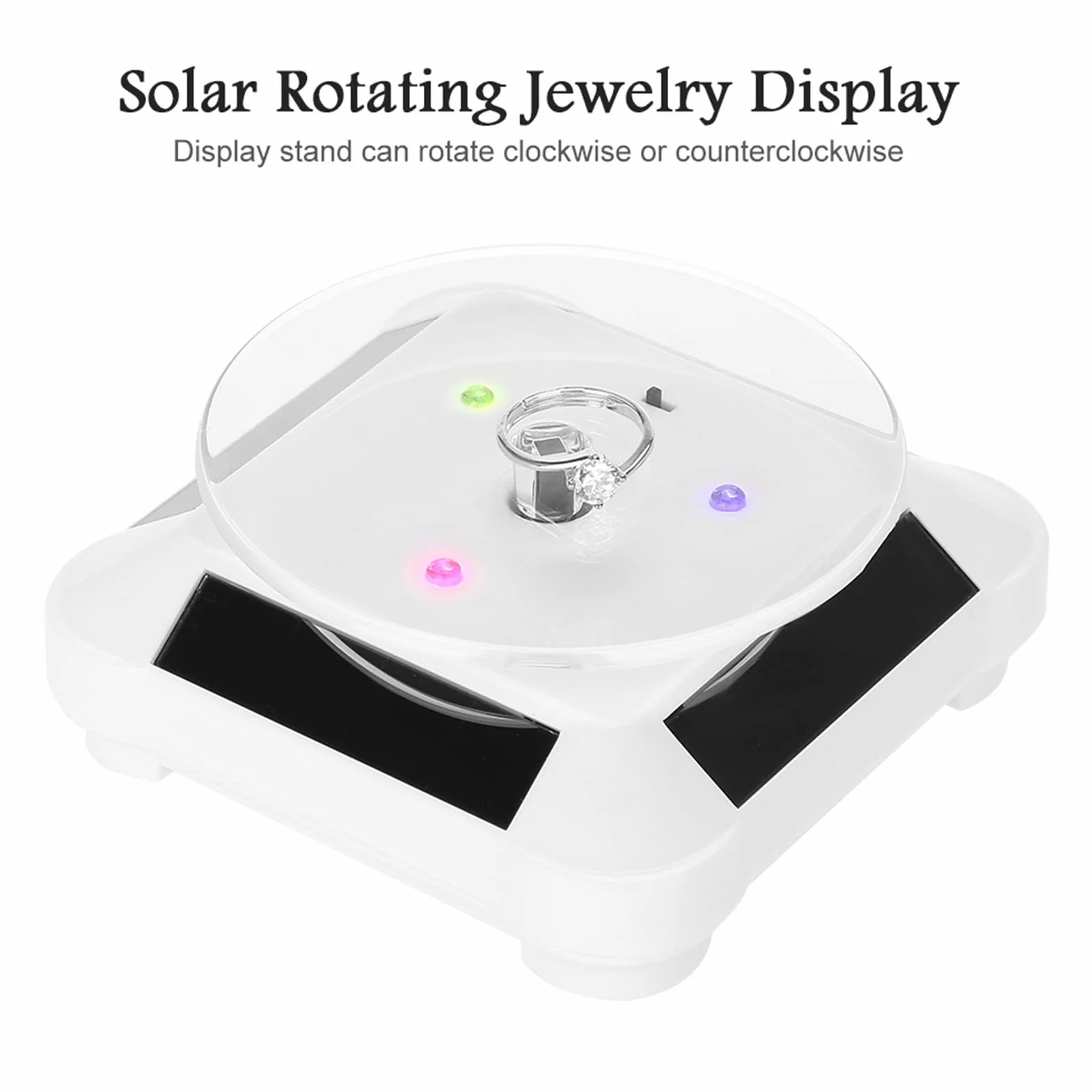 Salonka solarna 360 stopni, obrotowy stojak z oświetleniem LED, do zegara, telefonu, stojak na biżuterię (biała)