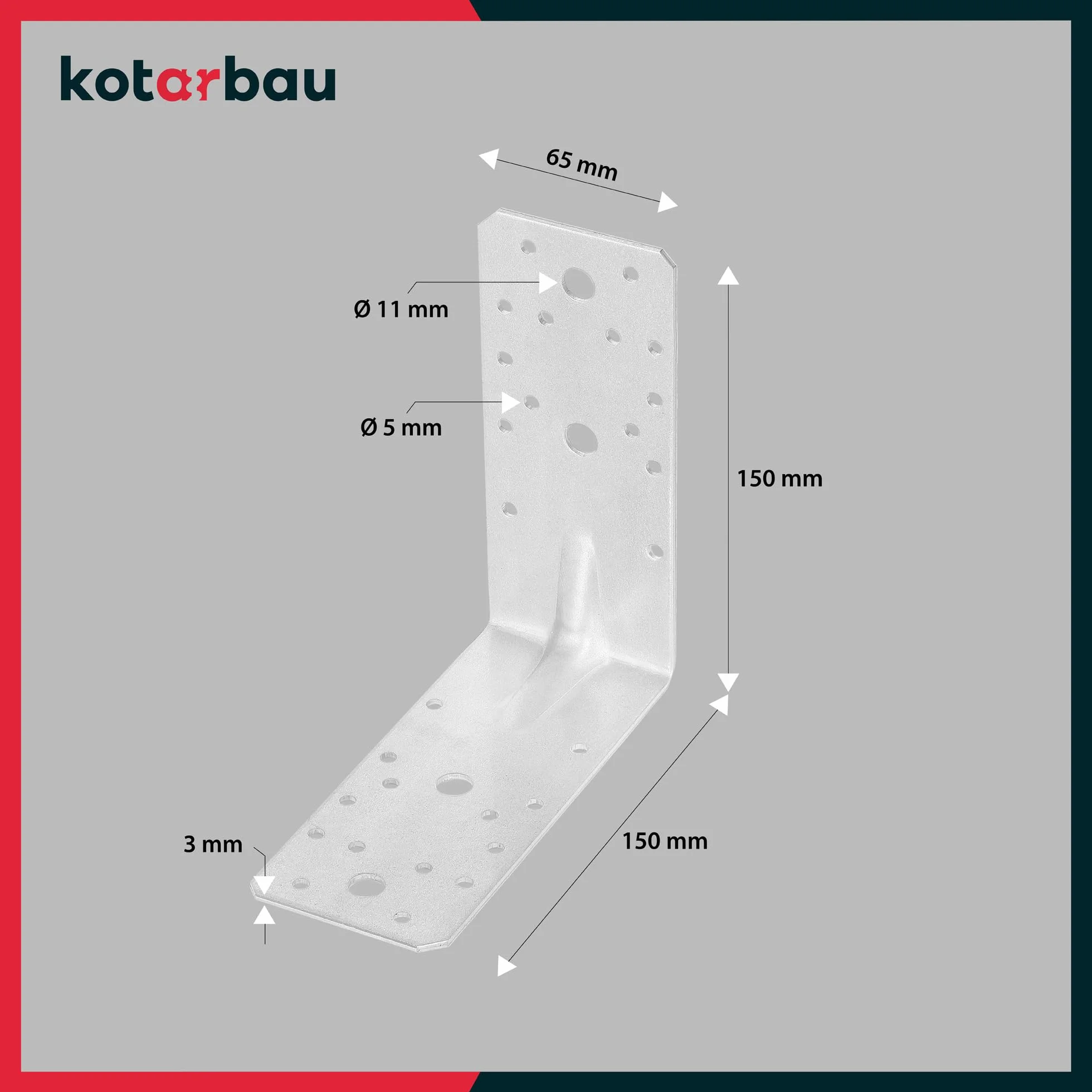 KOTARBAU® 12 szt. Kątownik Ciesielski - Łącznik Budowlany - 150 x 150 x 65 mm - Stal ocynkowana - z Przetłoczeniem - Nierdzewny
