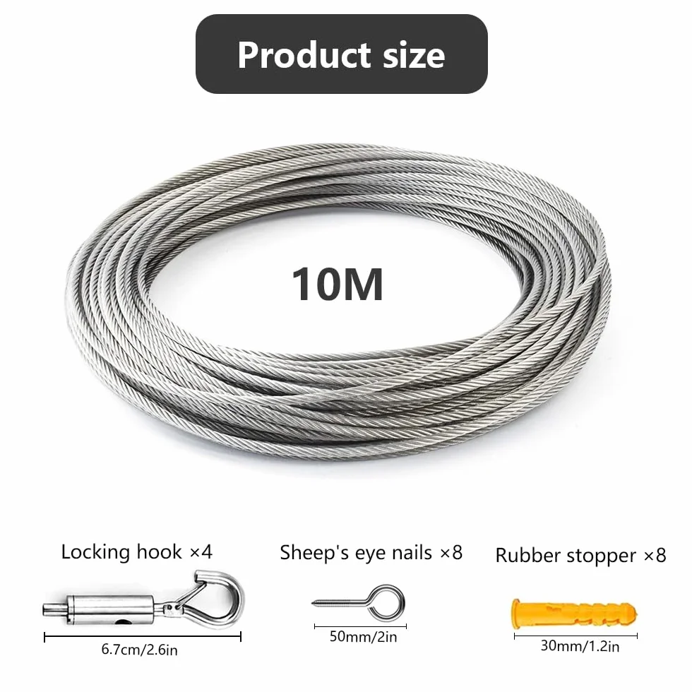 Zestaw kabli ze stali nierdzewnej 10 m, kabel ze stali nierdzewnej 2 mm powlekany pcv do zawieszenia świetlnego do roślin wspinaczkowych kurtyna pergola lina do prania