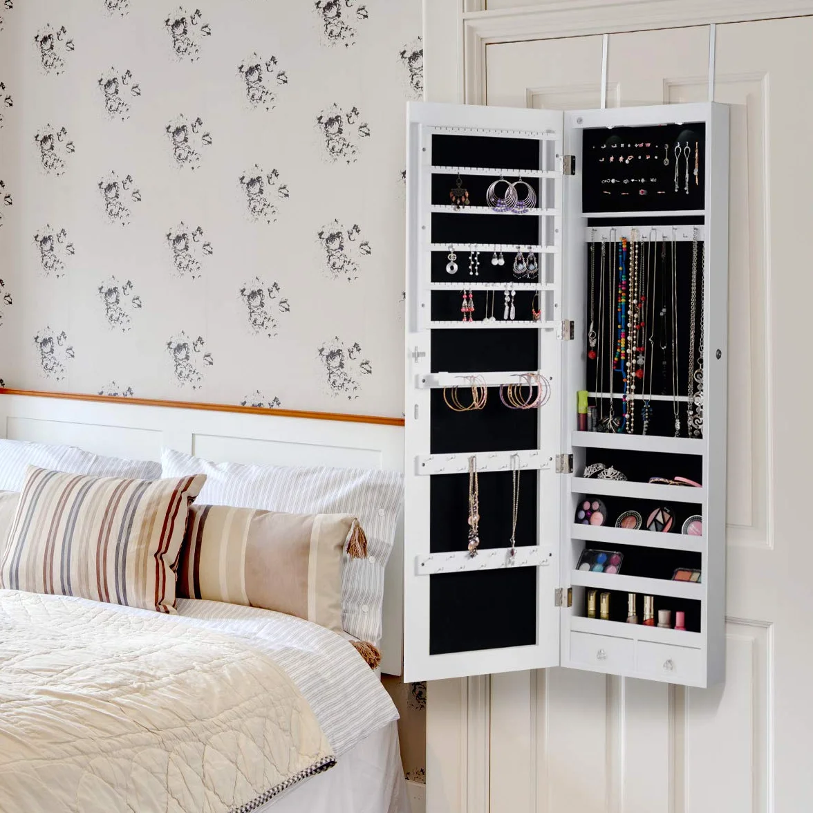 COSTWAY Szafka na biżuterię z oświetleniem LED, lustro, zamykana na klucz, 120 cm, biała