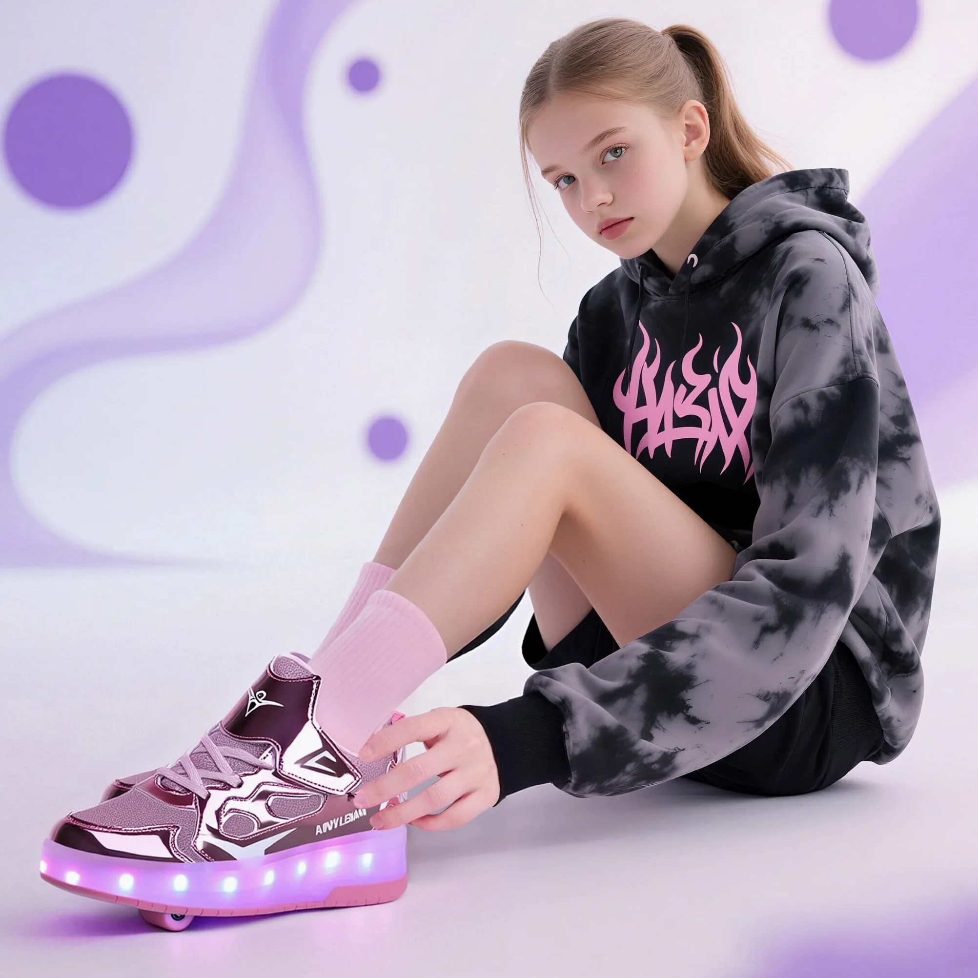 Dziecięce sneakersy, 2-wiel skateboard schoenen, verstelbaar kleurveranderend licht, USB-oplaadbaar, universeel voor jongens en meisjes, zwart, roze, goud, zilver, maat 27-40 EU