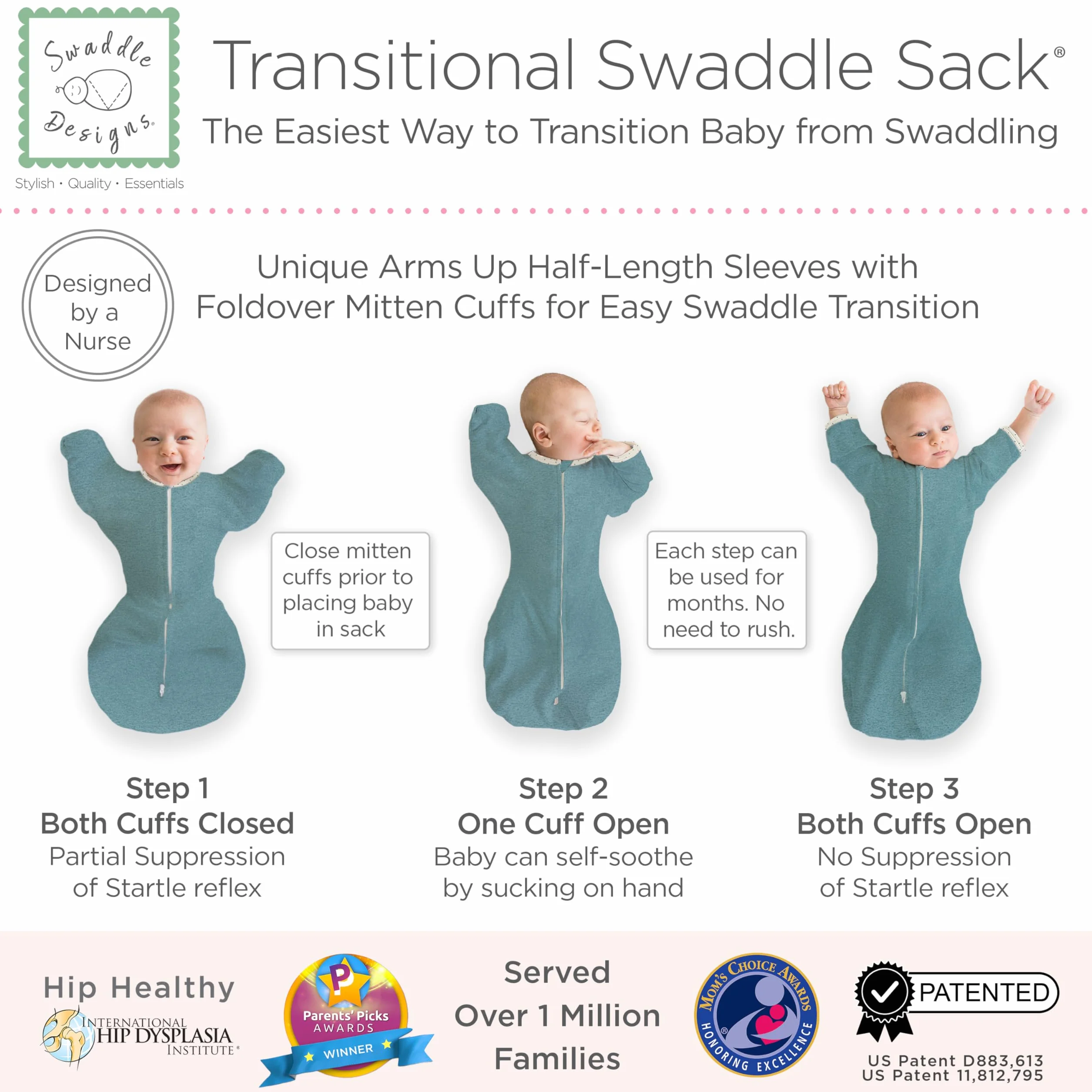 SwaddleDesigns Przejściowy worek do przewijania z rękawami do połowy długości i mankietami rękawiczek, wrzosowy turkusowy z wykończeniem w kropki, mały, 0-3 mies, 2,7-6,4 kg (lepszy sen, łatwe
