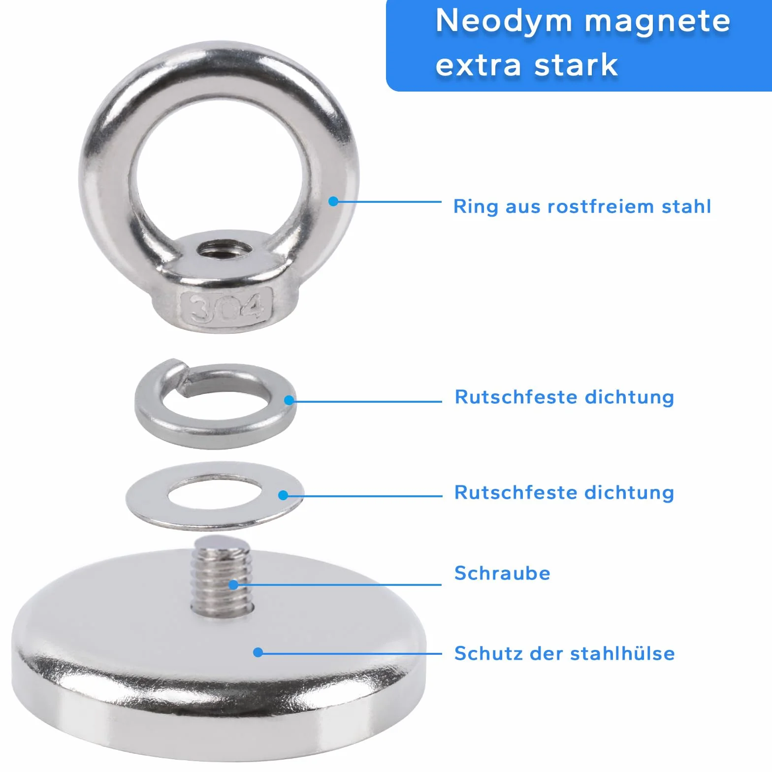 Silne magnesy neodymowe, siła ciągnąca, wytrzymałe, bardzo mocne magnesy, 48 mm, przemysłowy magnes do pobierania w rzece i ratownictwie, 1 opakowanie