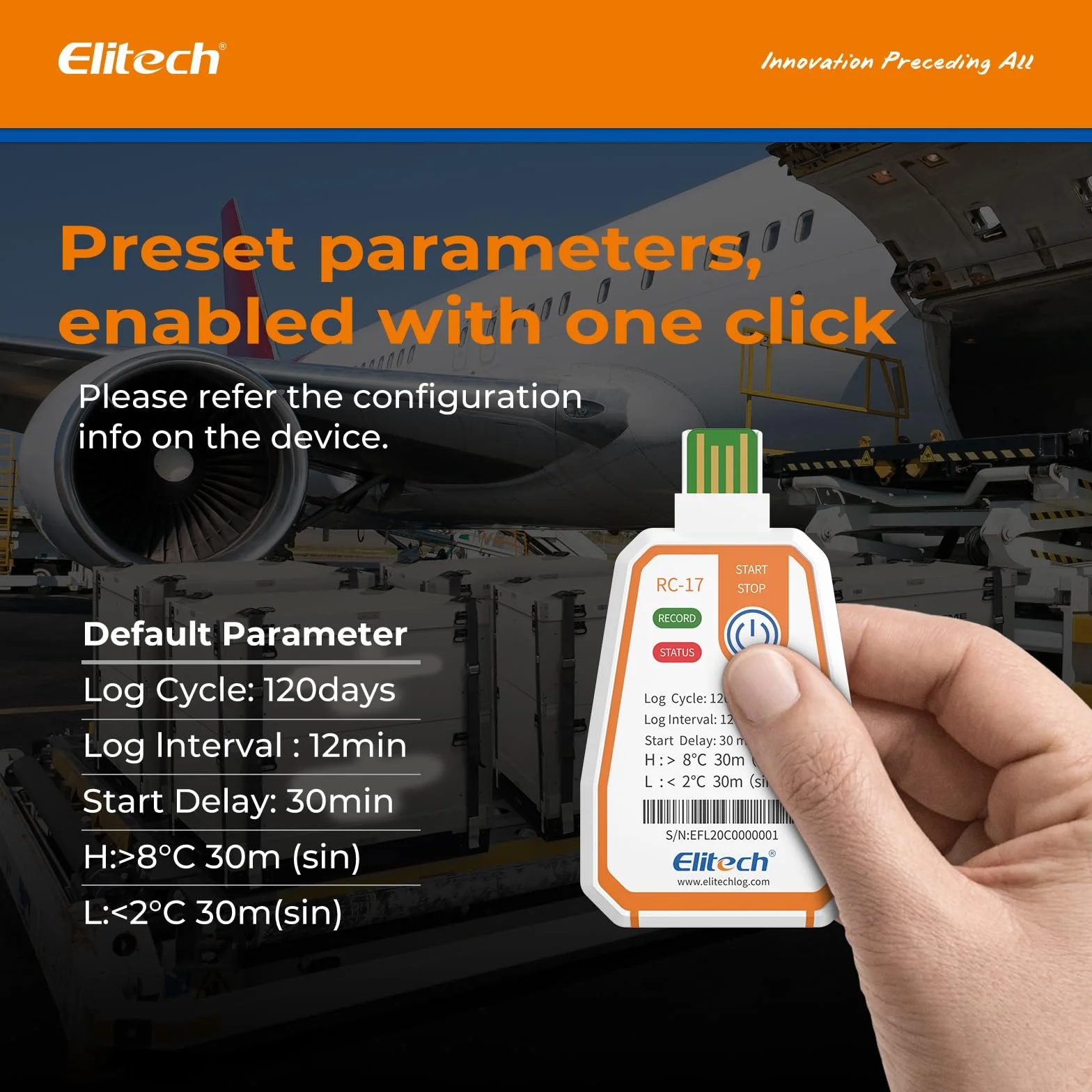 Elitech RC-17 Jednorazowy rejestrator temperatury USB 180 dni ciągłe nagrywanie 16000 rekordów w zakresie żywności leczniczej i łańcuchów chłodzących ze szczepionką, funkcja alarmu, ochrona IP67