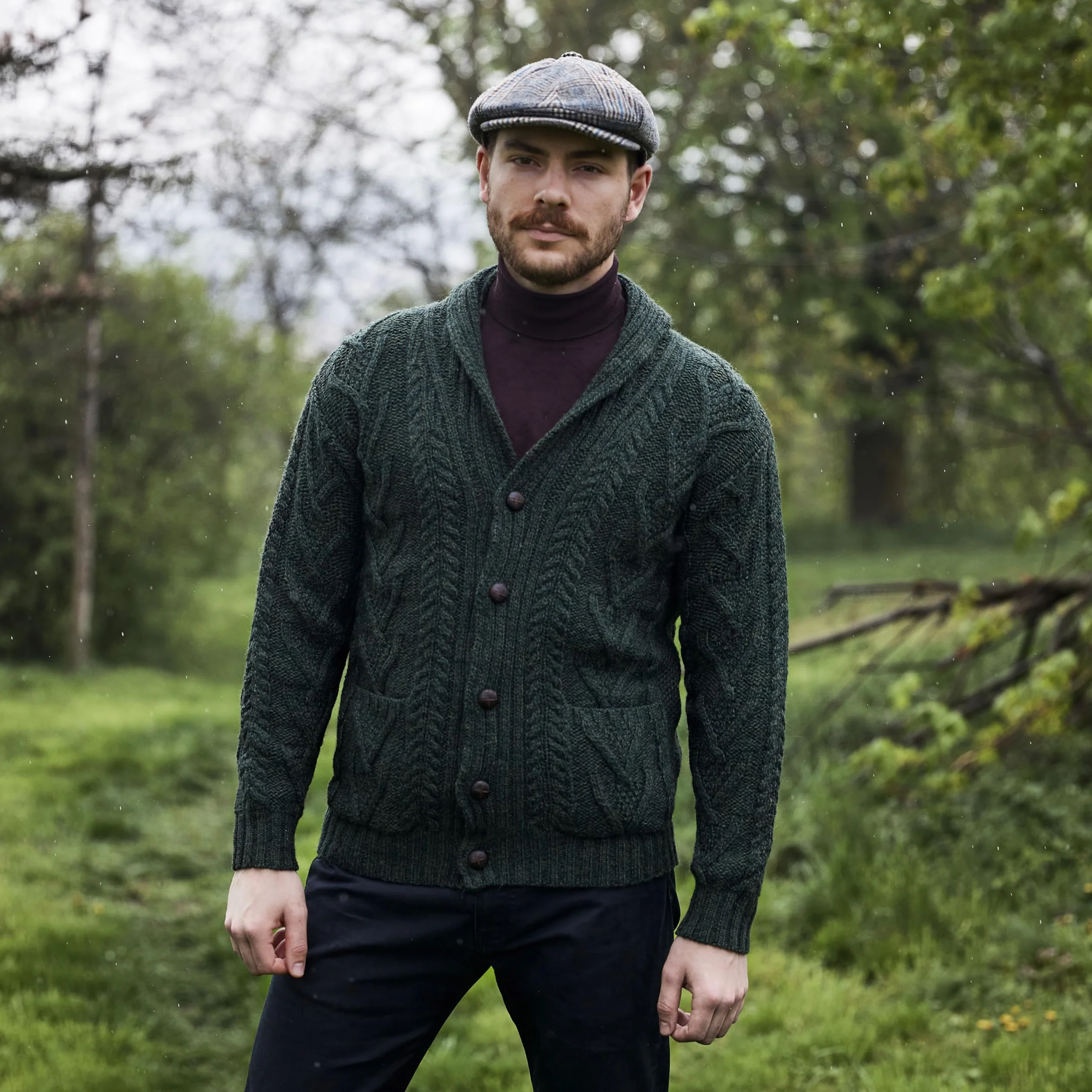 SAOL 100% wełna merino męski Aran Cable Knit szal kołnierz casual irlandzki kardigan z guzikami i kieszeniami