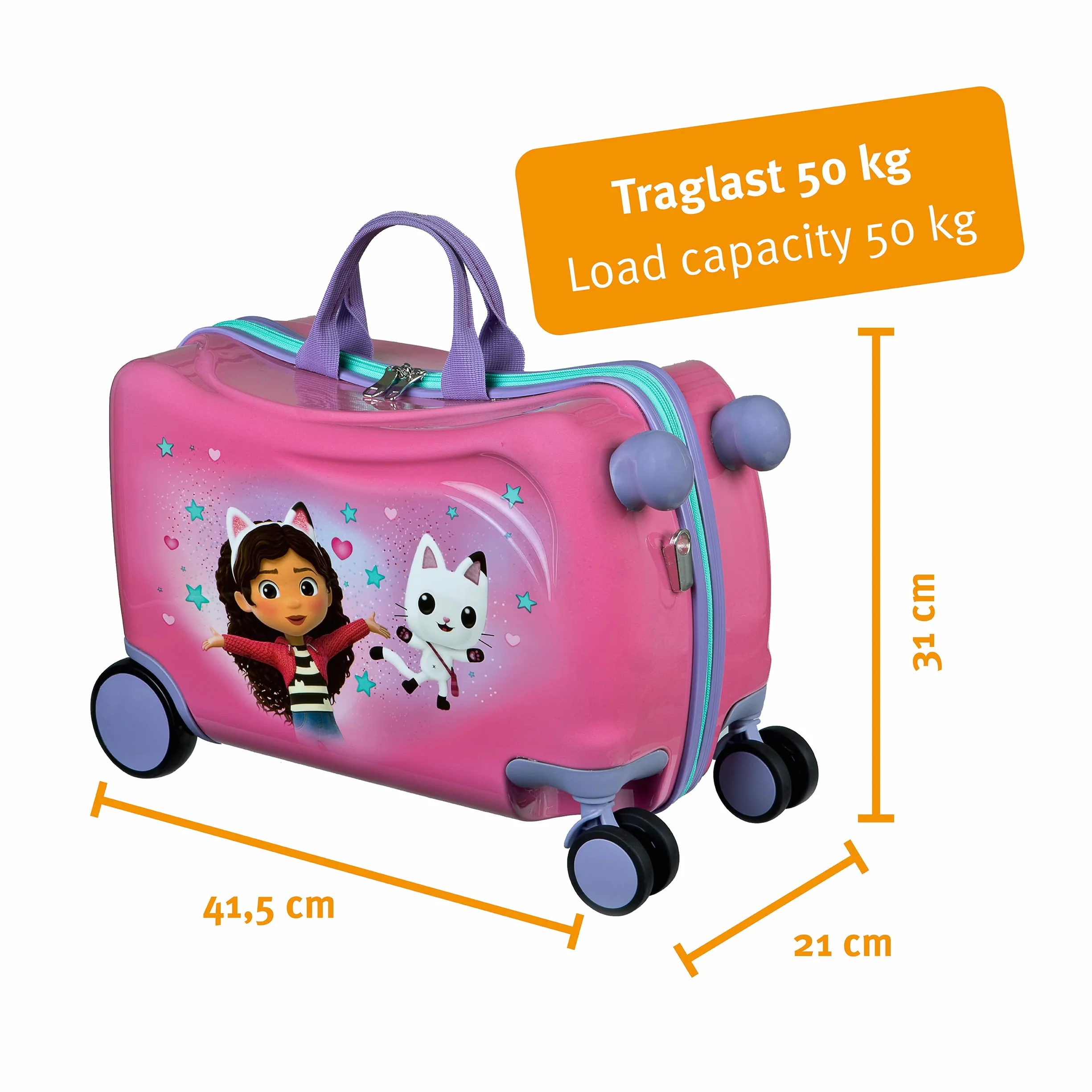 Undercover - Gabby's Dollhouse Ride-on Trolley – bagaż dziecięcy do siedzenia na górze, obciążenie do 50 kg, z praktycznymi uchwytami do noszenia, stabilna walizka podróżna, Rosa, Walizka z twardą