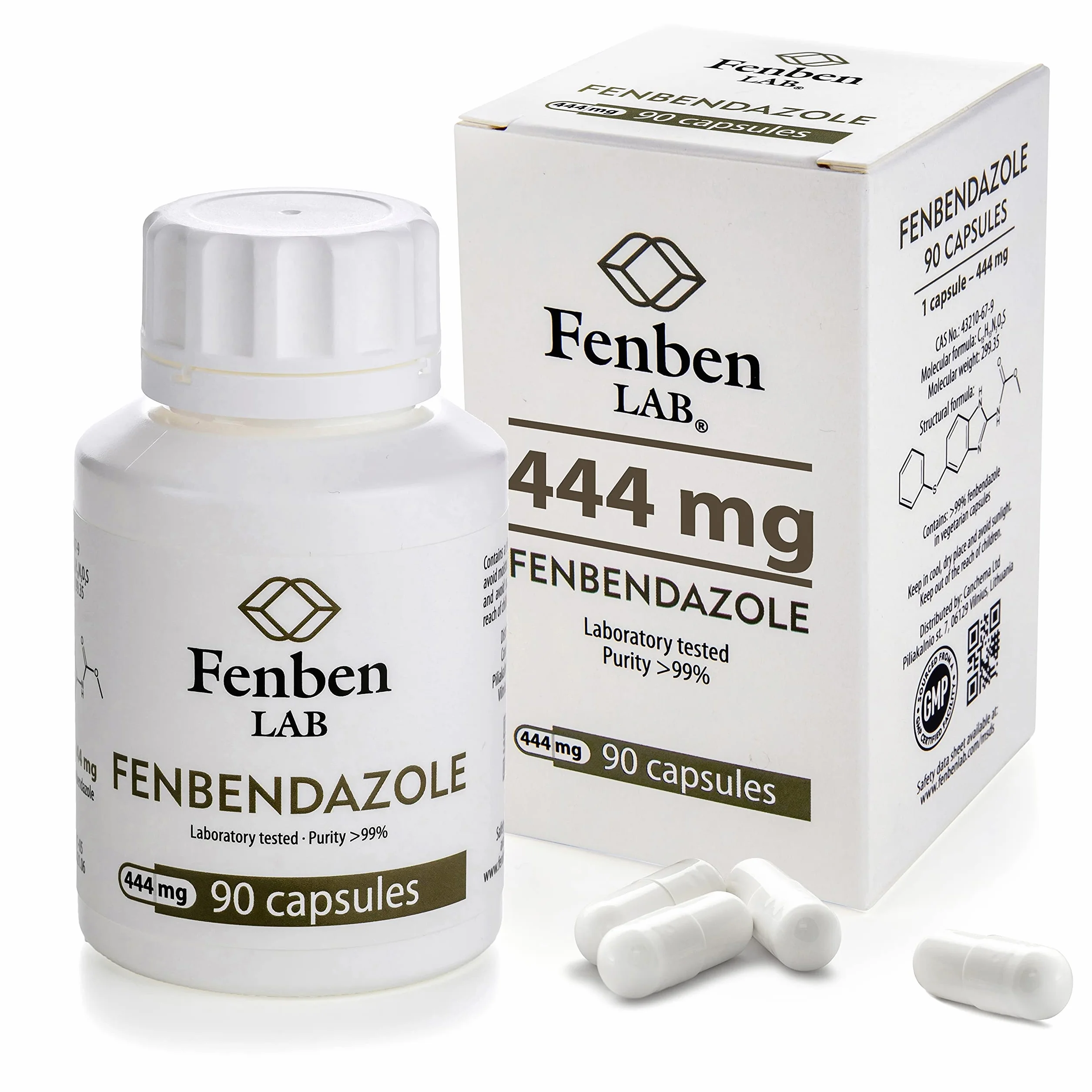 Fenbendazole 444mg, Czystość >99.9%, Wyprodukowane przez Fenben Lab, Dołączono Certyfikat Analizy, Testowany w Certyfikowanym Laboratorium, 90 Kapsułek