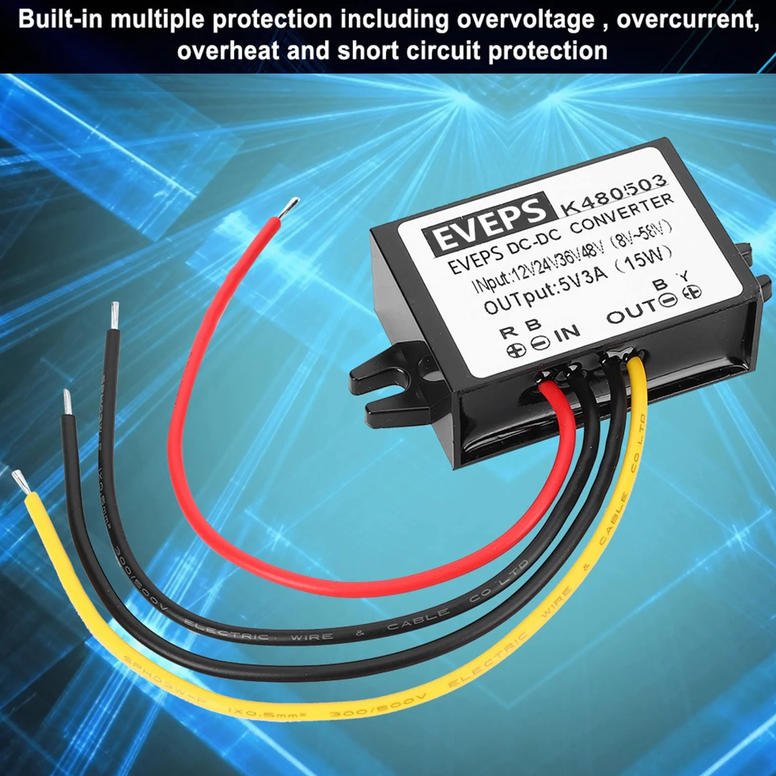Przetwornica Napięcia Akozon DC-DC 12V/24V/36V/48V do 5V 3A Przetwornica Obniżająca Napięcie Moduł Zasilacza Obniżającego Napięcie do Ekranów LED, Kamer, Pomp Wodnych, Silników i