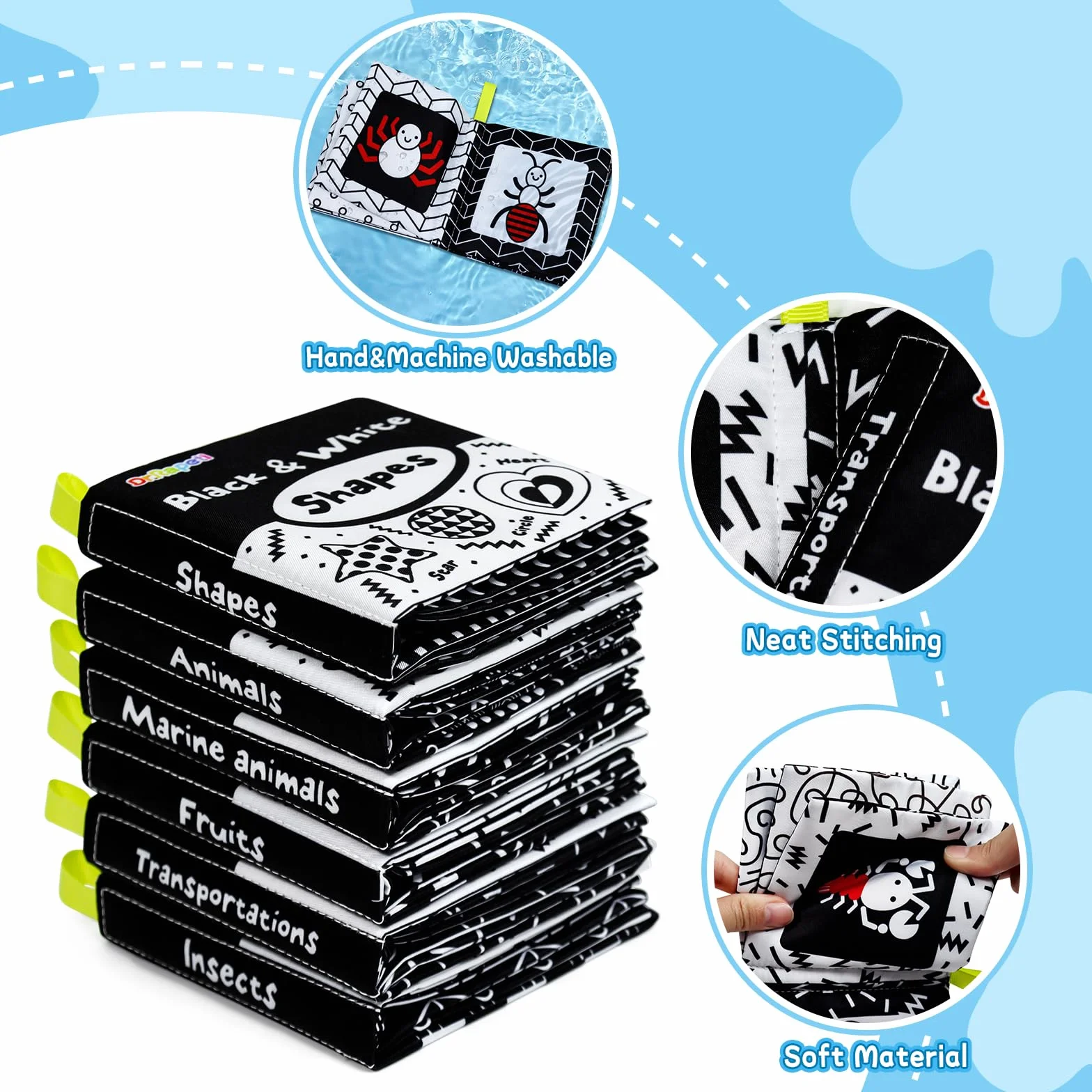 Dr.Rapeti 6 Pack Soft Books, Baby Soft Cloth Book, Sensory Book, Bath Book, Crinkle Soft Book, Black and White High Sensory Book, Washable Nontoxic Educational Learning Toy