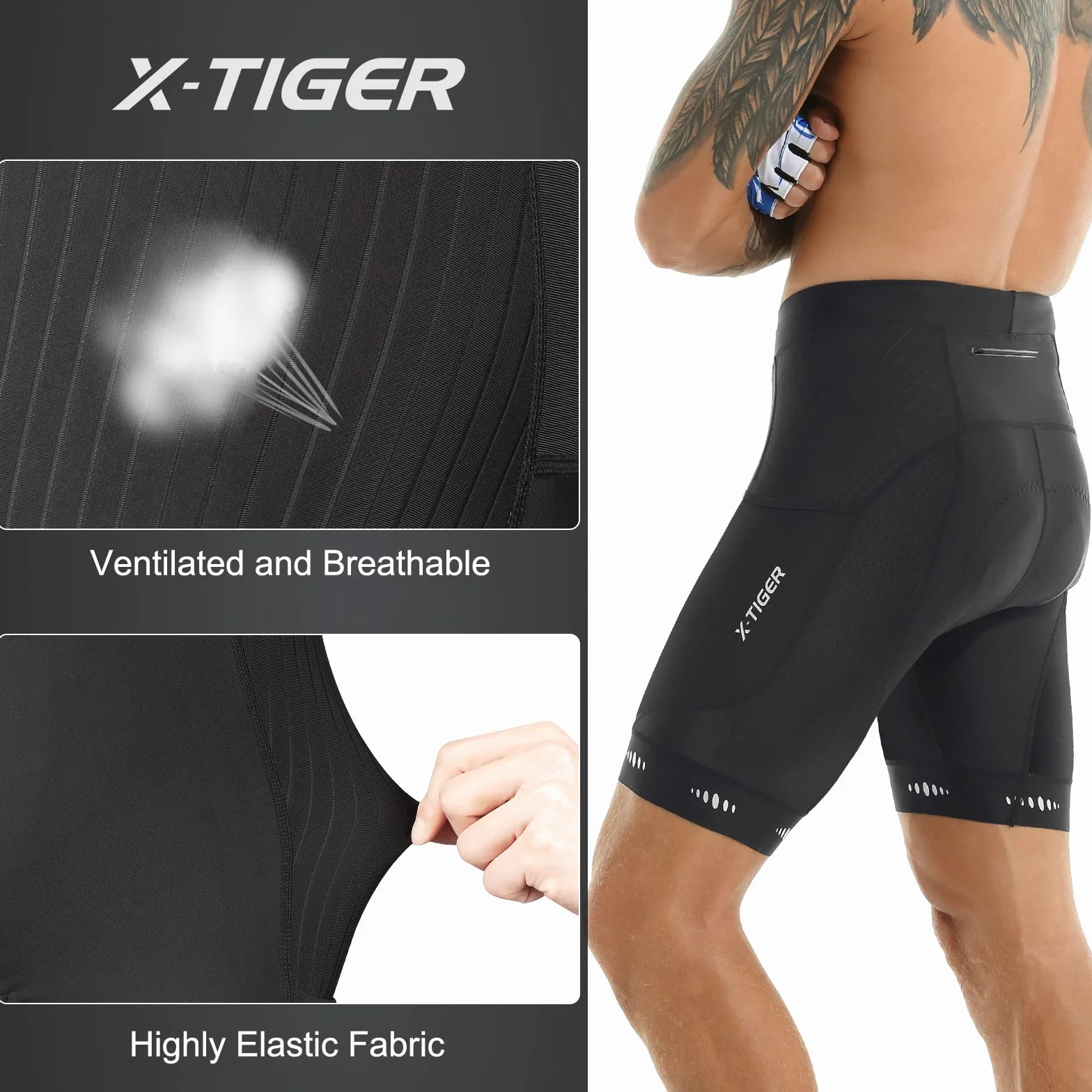 X-TIGER Męskie spodnie rowerowe z wyściółką 5D, spodnie rowerowe, oddychające, szybkoschnące, z 3 kieszeniami, 801 czarny, 3XL