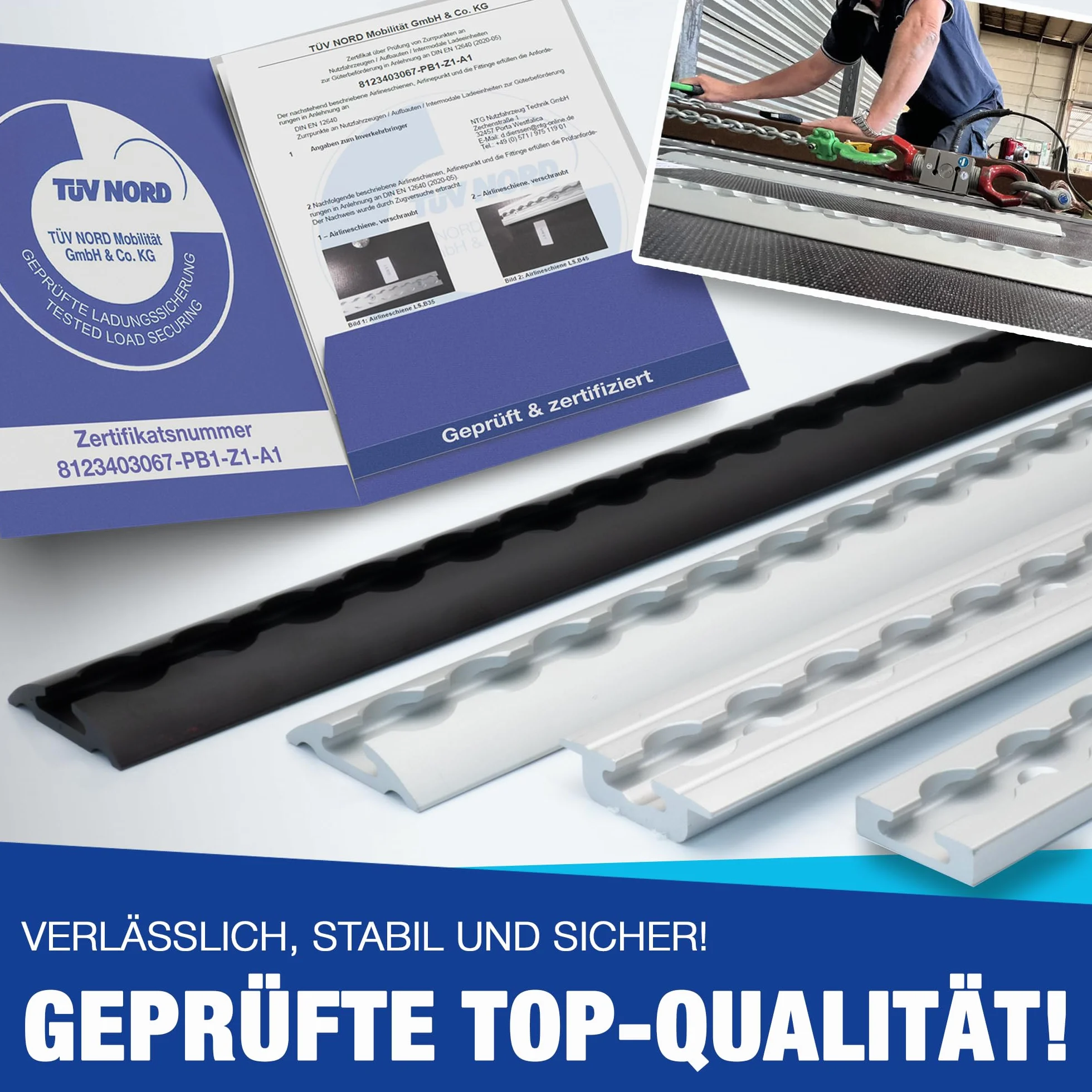 Zestaw szyn Airline NTG 0,5-10 metrów - półokrągłe, aluminiowe - Certyfikat TÜV - Akcesoria do przyczep do zabezpieczania ładunku, półokrągła szyna aluminiowa do samochodów ciężarowych i transporterów
