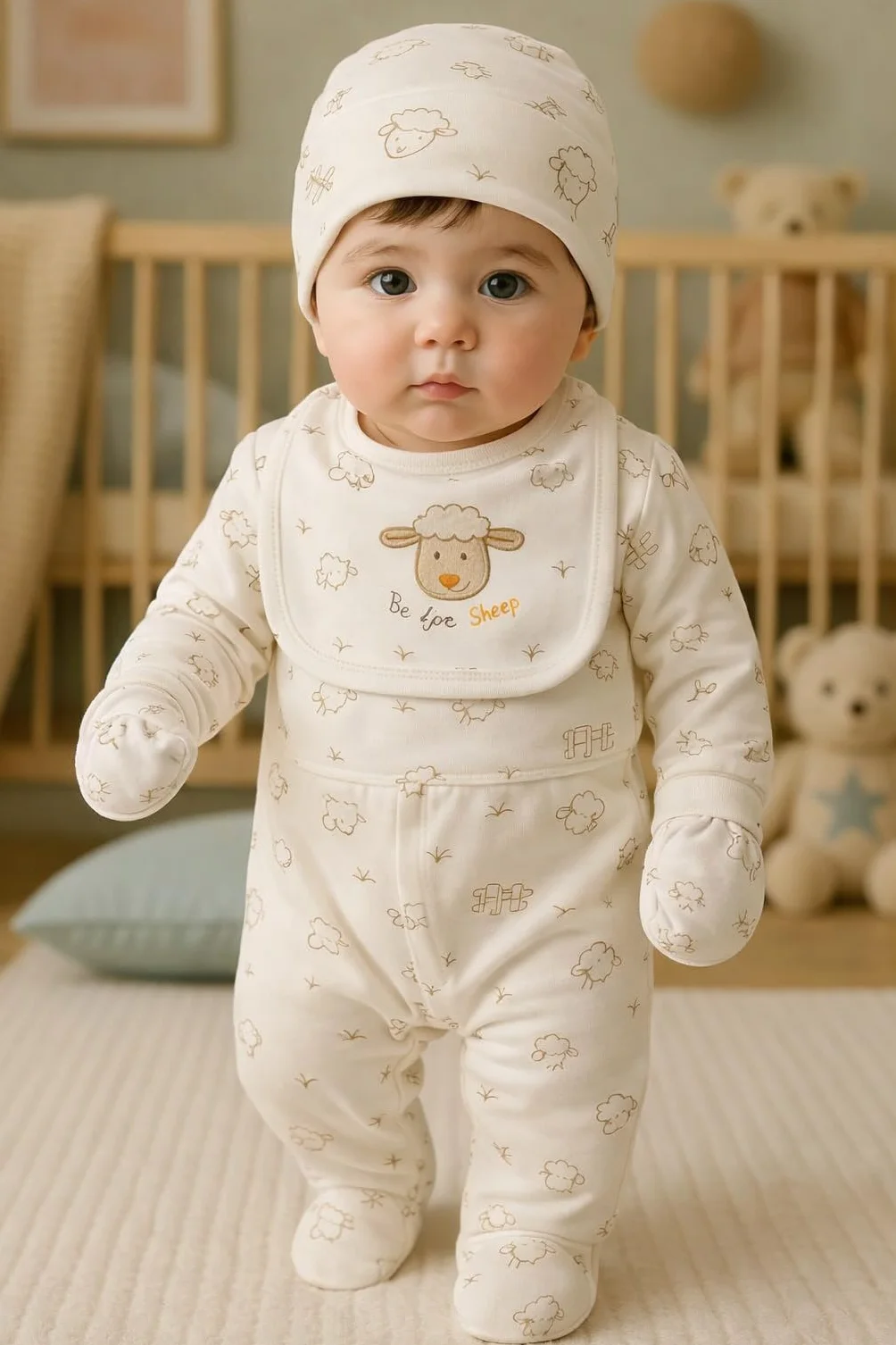 Blue Eyes Zestaw prezentowy dla noworodków – 6-częściowy komplet pierwszego wyposażenia z 100% naturalnej bawełny, certyfikat Oeko-Tex, miękki zestaw unisex dla niemowląt 0–4 miesiące (Jagnięce)