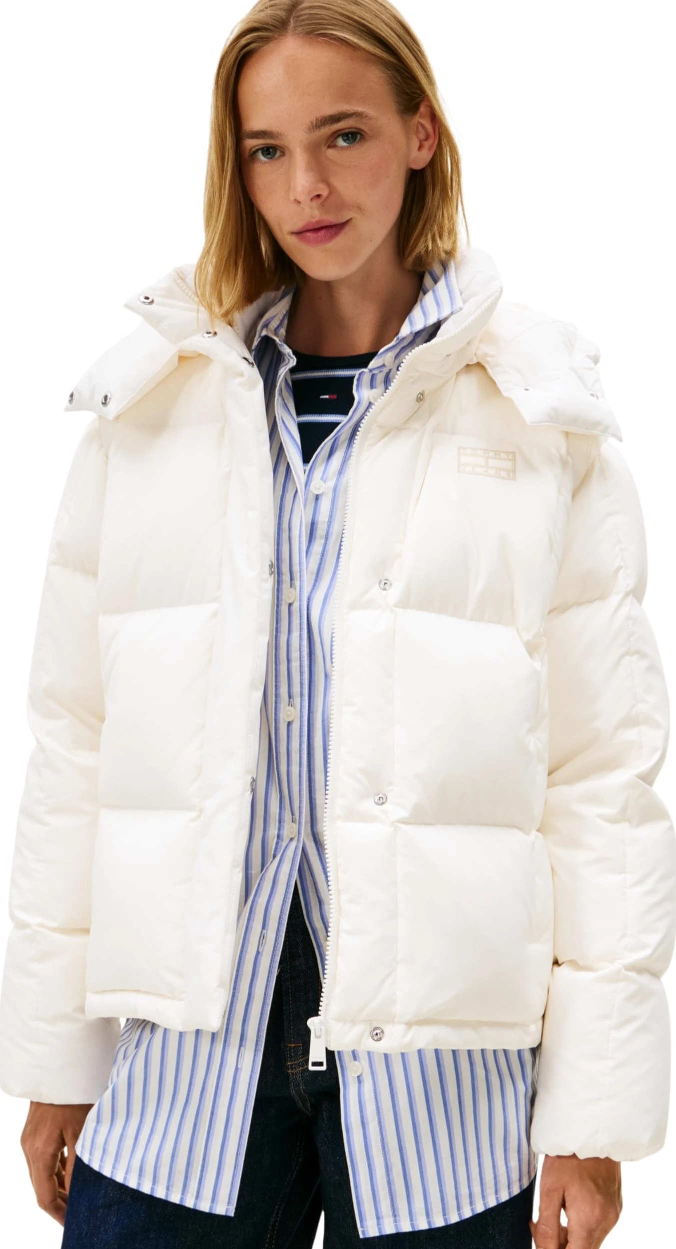 TOMMY JEANS Damska kurtka puchowa TJW ALASKA GRID DOWN EXT DW0DW21623, biała, L, Biały (starożytny biały), L