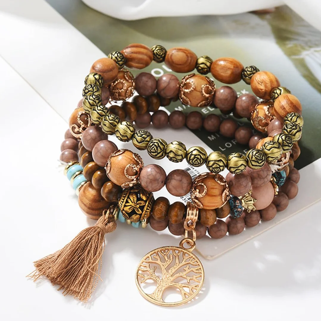 Bransoletka boho z drewnianymi koralikami, bransoletka czakra dla kobiet, naturalne kryształowe kamienie lecznicze, bransoletka dla kobiet, drzewo życia, charms