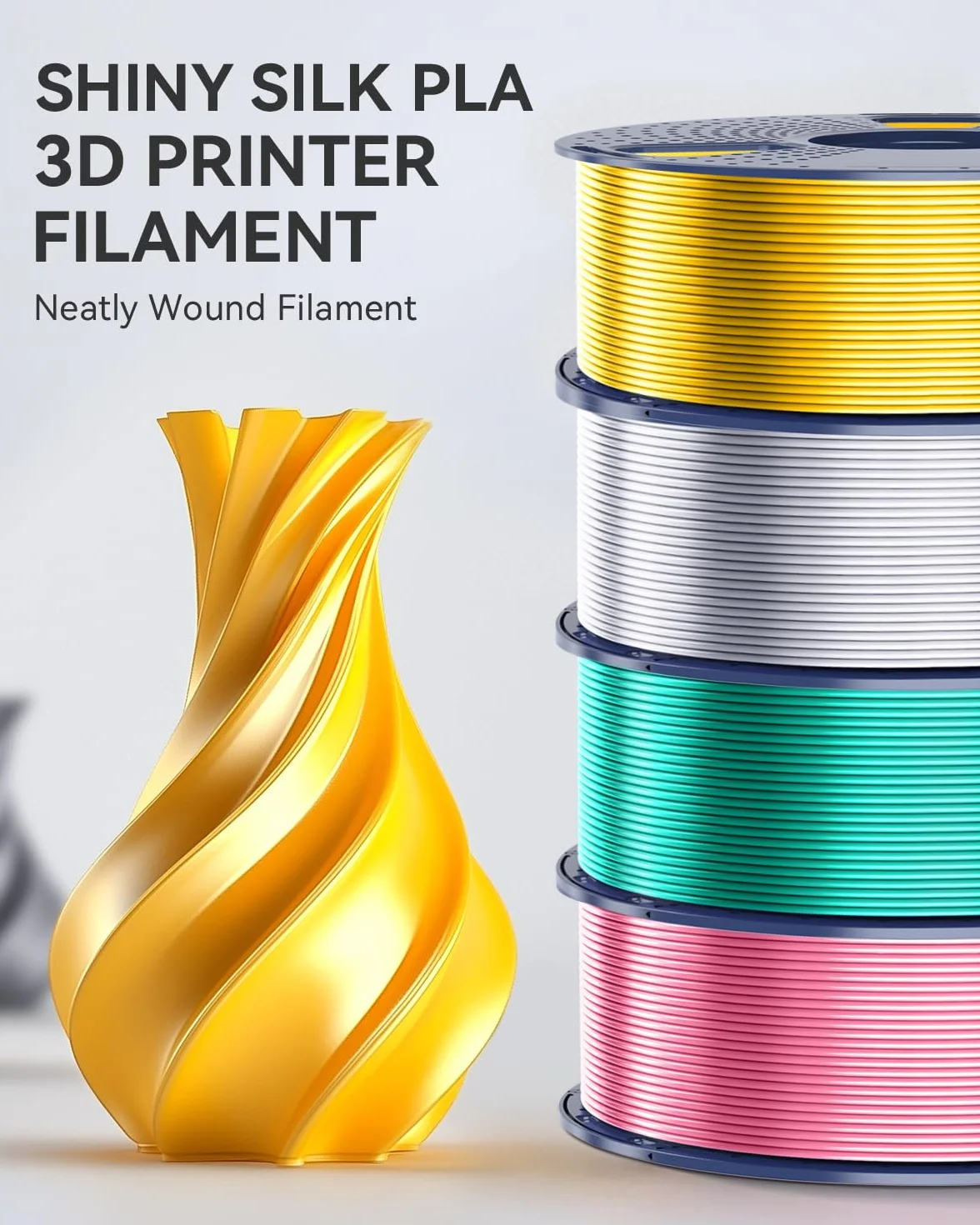 SUNLU PLA+ jedwabny filament 3D, błyszczący metaliczny jedwabny filament 3D, 1,75 mm, wytrzymały filament PLA PLUS do drukarki 3D, szpula 1 kg, jedwabne jasne złoto