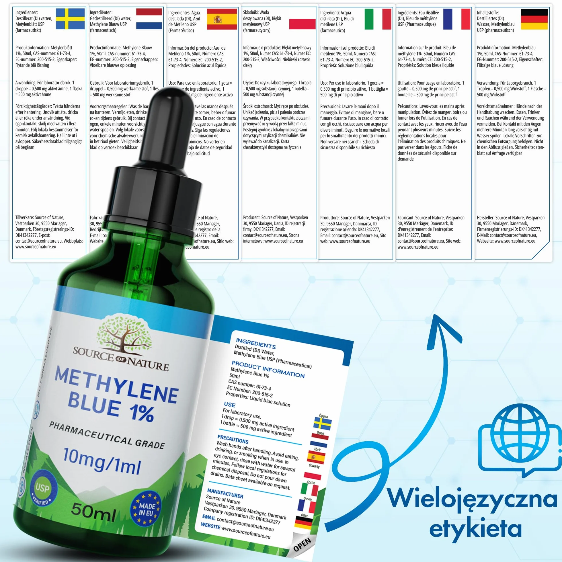 Błękit metylenowy 1% Roztwór 50 ml z pipetą Jakość farmaceutyczna USP Source of Nature®