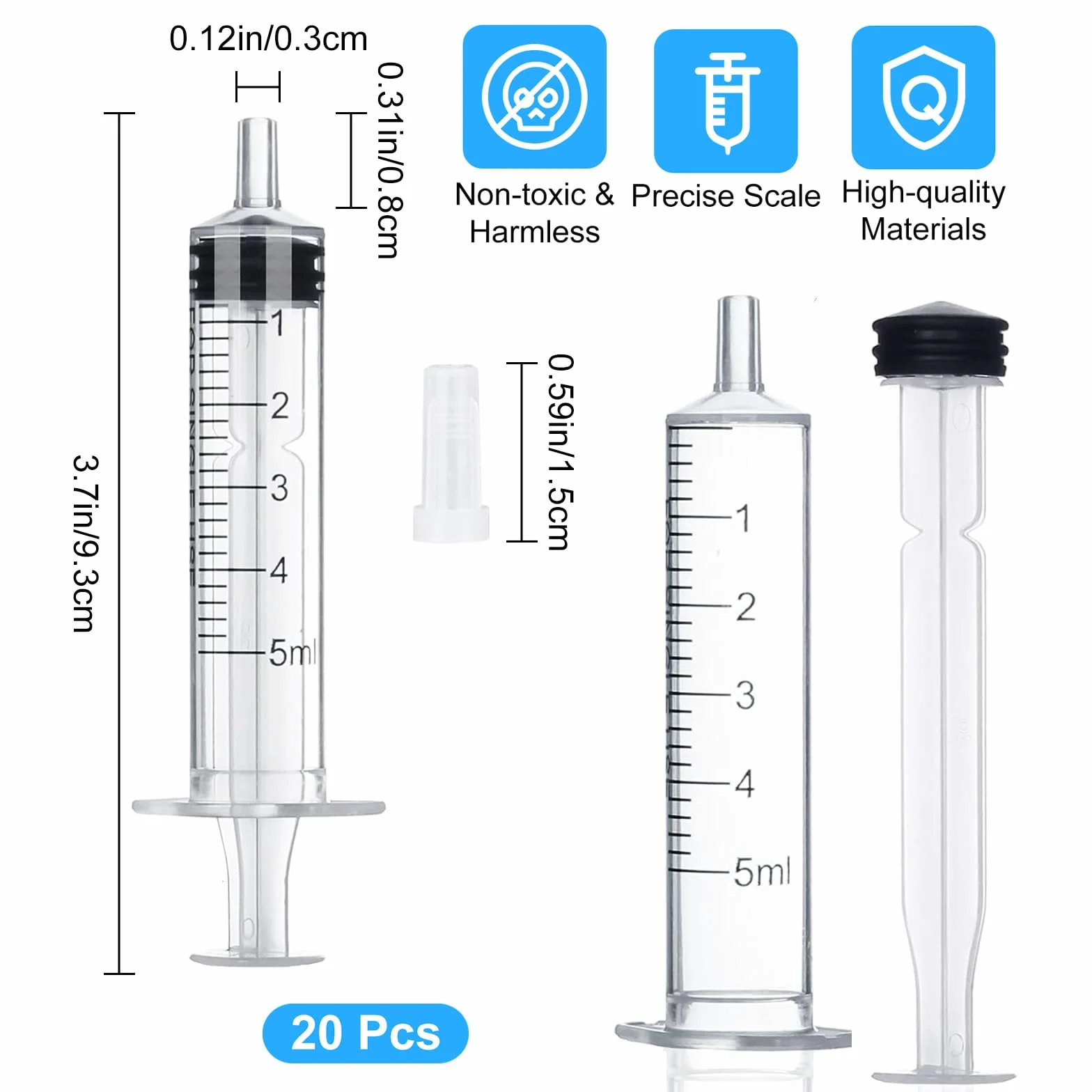 Strzykawki 5 ml, 20 sztuk, indywidualne opakowanie, plastikowa strzykawka z pokrywką, strzykawka do karmienia, strzykawka wielokrotnego użytku, do karmienia noworodków, rzemiosła artystycznego