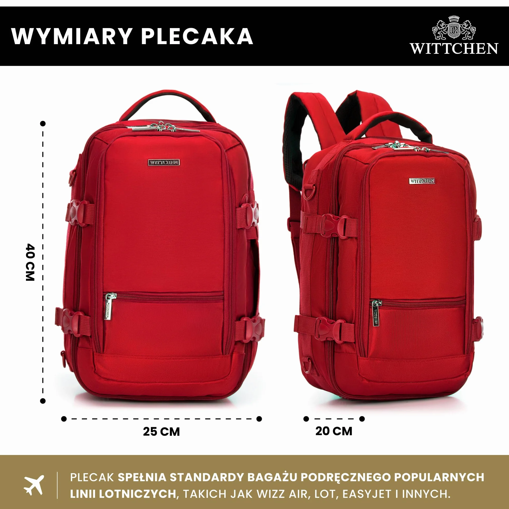 WITTCHEN Poszerzany plecak do samolotu | Plecak podręczny 32 l | Wodoodporny plecak na laptopa 17 cali | Plecak podróżny w rozmiarze kabinowym | 47 × 32 × 14–18 cm