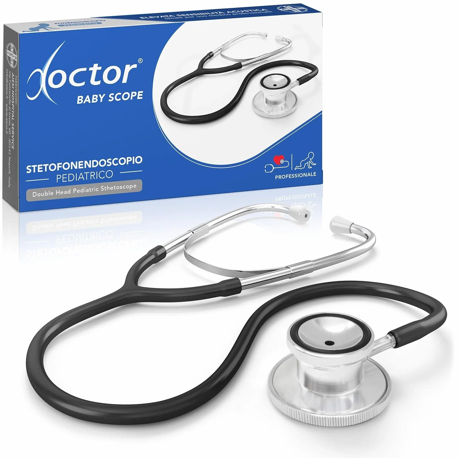 AIESI® Stetoskop Dziecięcy, profesjonalny fonendoskop z podwójną głowicą, czarny DOCTOR BABY SCOPE, 24 miesiące we Włoszech