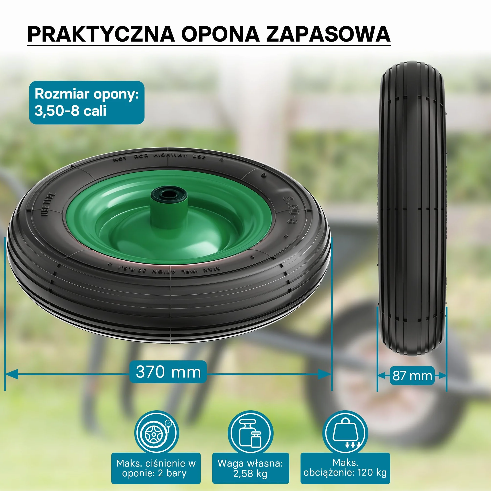 Wiltec Opona zamienna do taczki 3.50-8, koło pneumatyczne kompletne ø 370-380 mm z dętką i felgą metalową do wózków transportowych