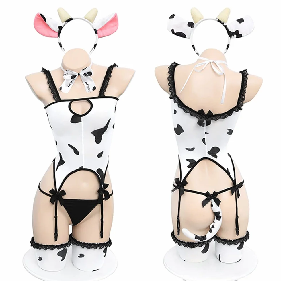 JasmyGirls Kostium cosplay seksowna pokojówka bielizna futrzana krowa kawaii anime zestaw bikini panterka biustonosz majtki biały