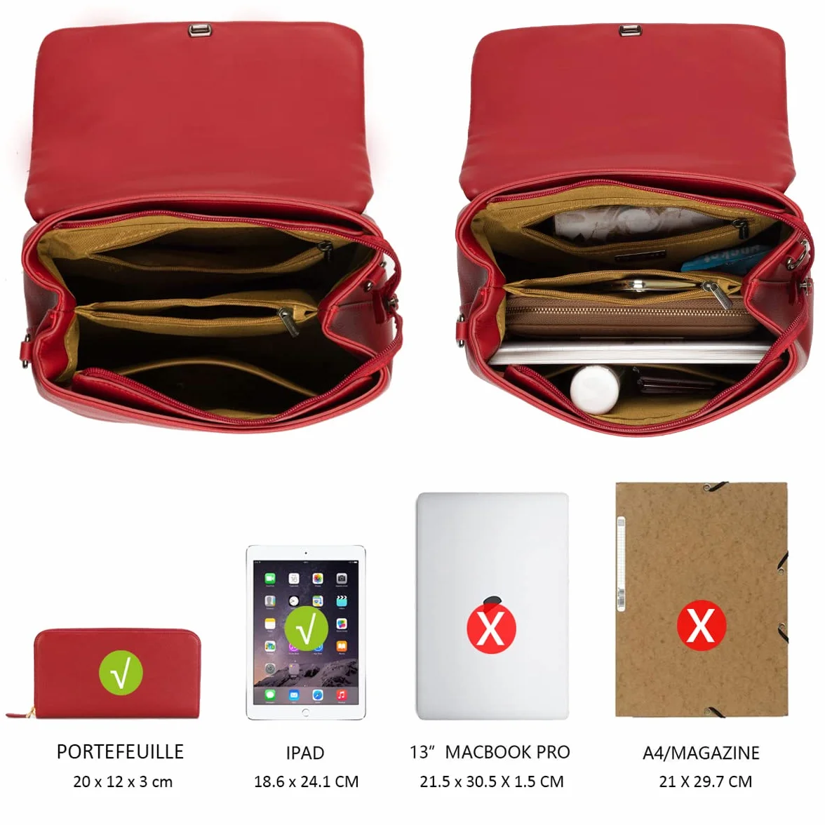 David jones - Damska Torba na Ramię Pikowana - Torebka Klapką Skóra PU - Crossbody Messenger Bag - Torby z Uchwytem - Kobiet Tornister - Modna Elegancka - Czerwony